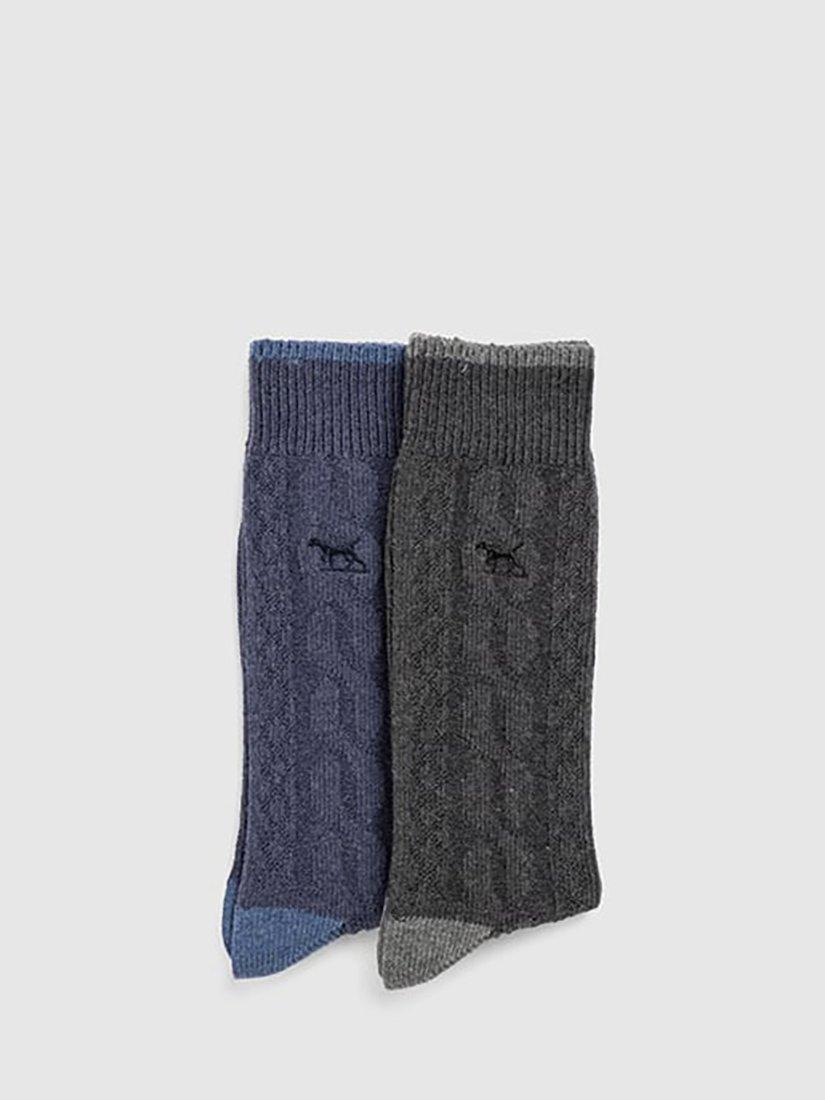 Product image 1 of 3, which shows Rodd & Gunn Dunedin Cable Cotton Blend Socks, Pack of 2, Charcoal/Denim, M
