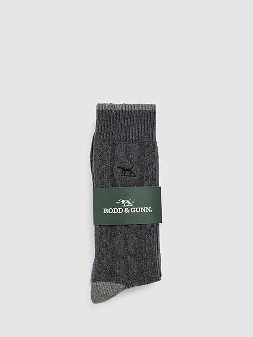 Product image 2 of 3, which shows Rodd & Gunn Dunedin Cable Cotton Blend Socks, Pack of 2, Charcoal/Denim, M