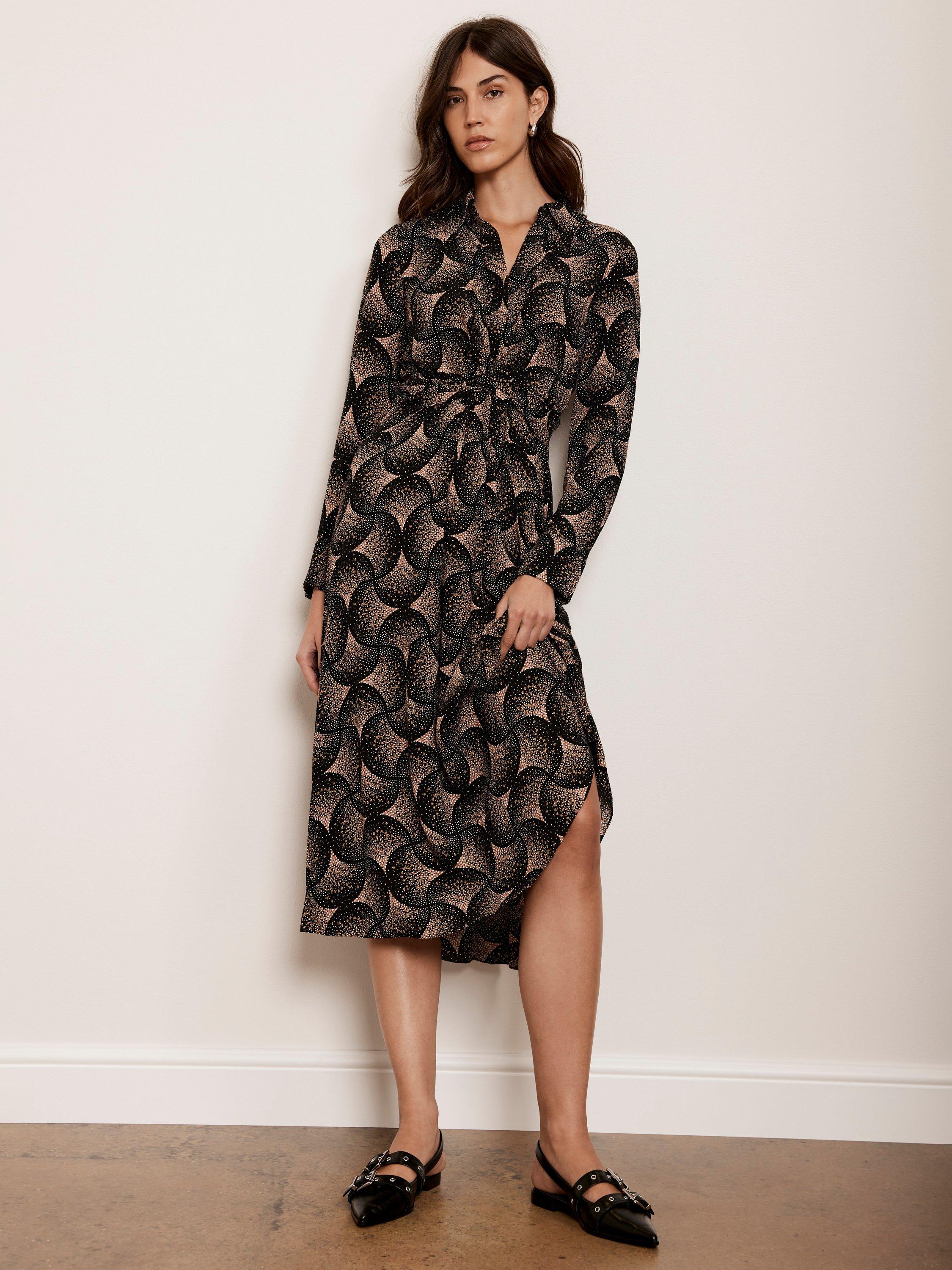 Mint Velvet Geometric Print Midi Shirt Dress Gold Multi