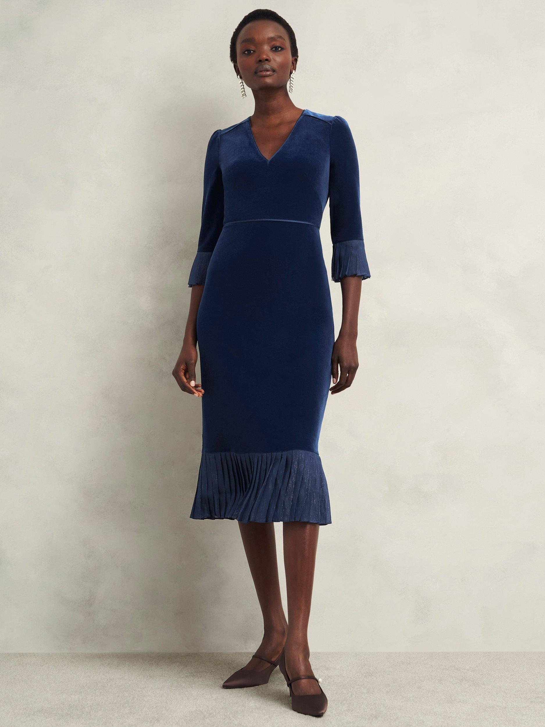 Product image 1 of 7, which shows Hobbs Petite Mary Velvet Dress, Riverside Blue, 16
