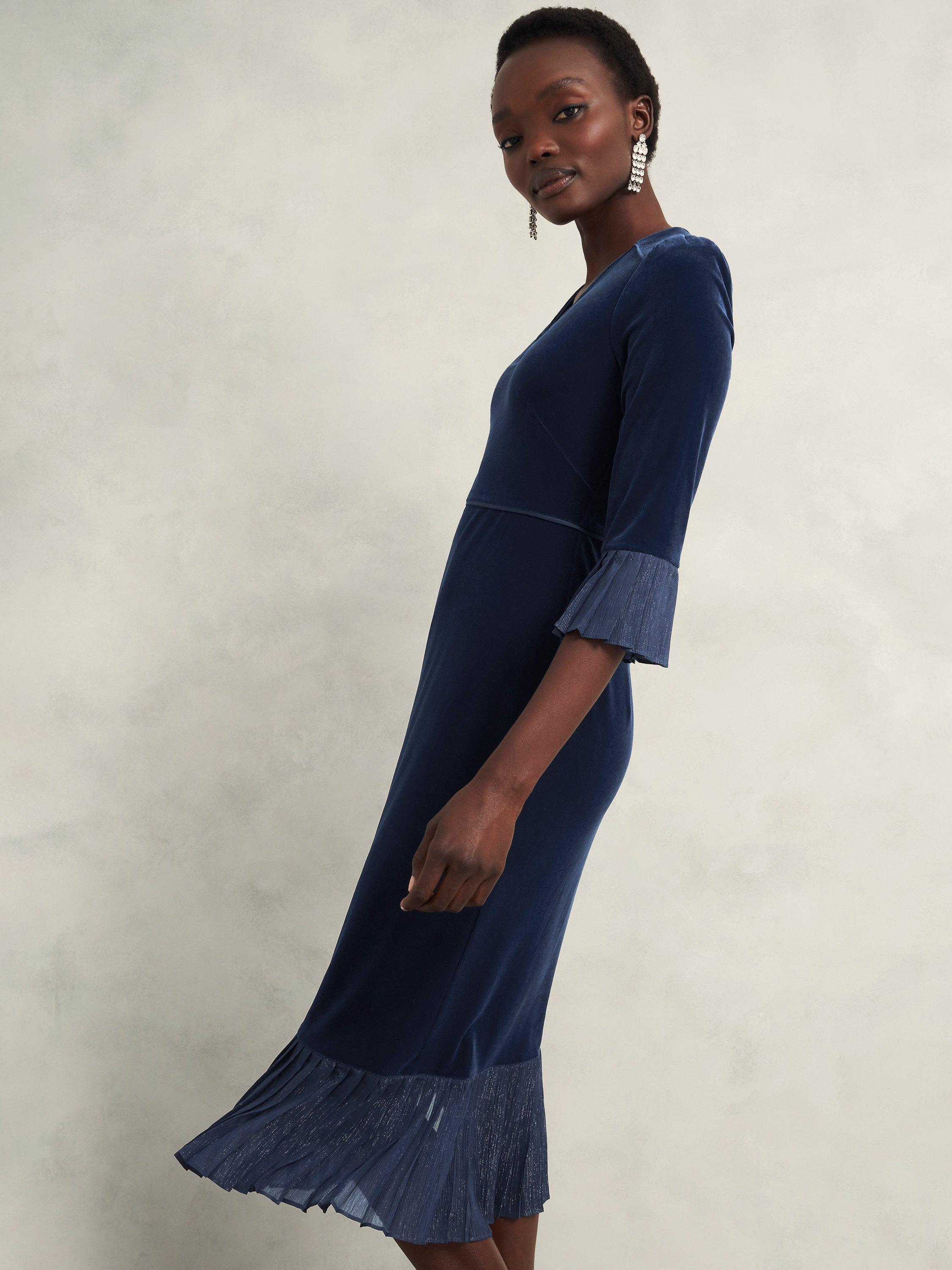 Product image 4 of 7, which shows Hobbs Petite Mary Velvet Dress, Riverside Blue, 16