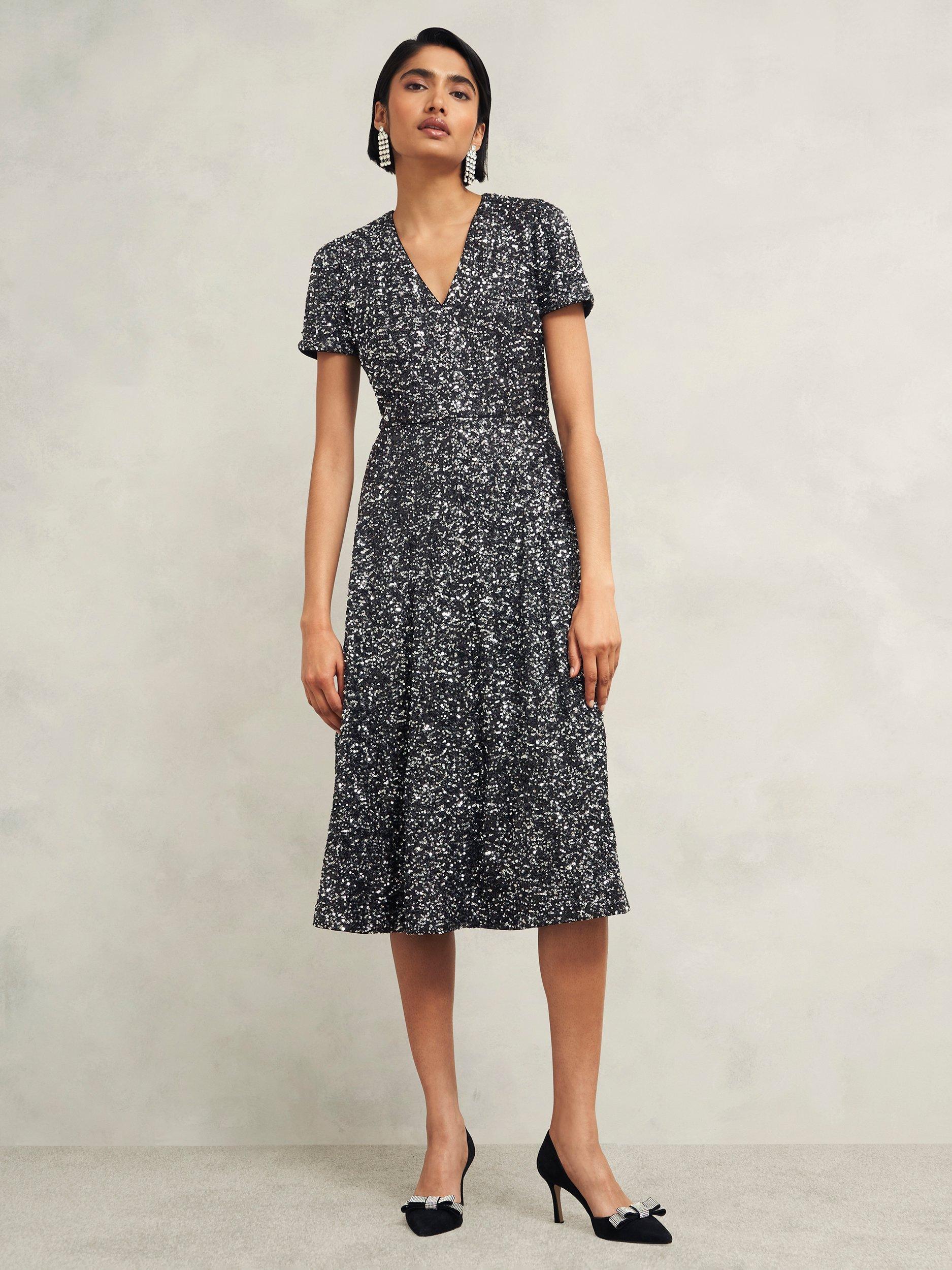 Product image 1 of 4, which shows Hobbs Petite Tatiana Sequin Dress, Black/Silver, 10