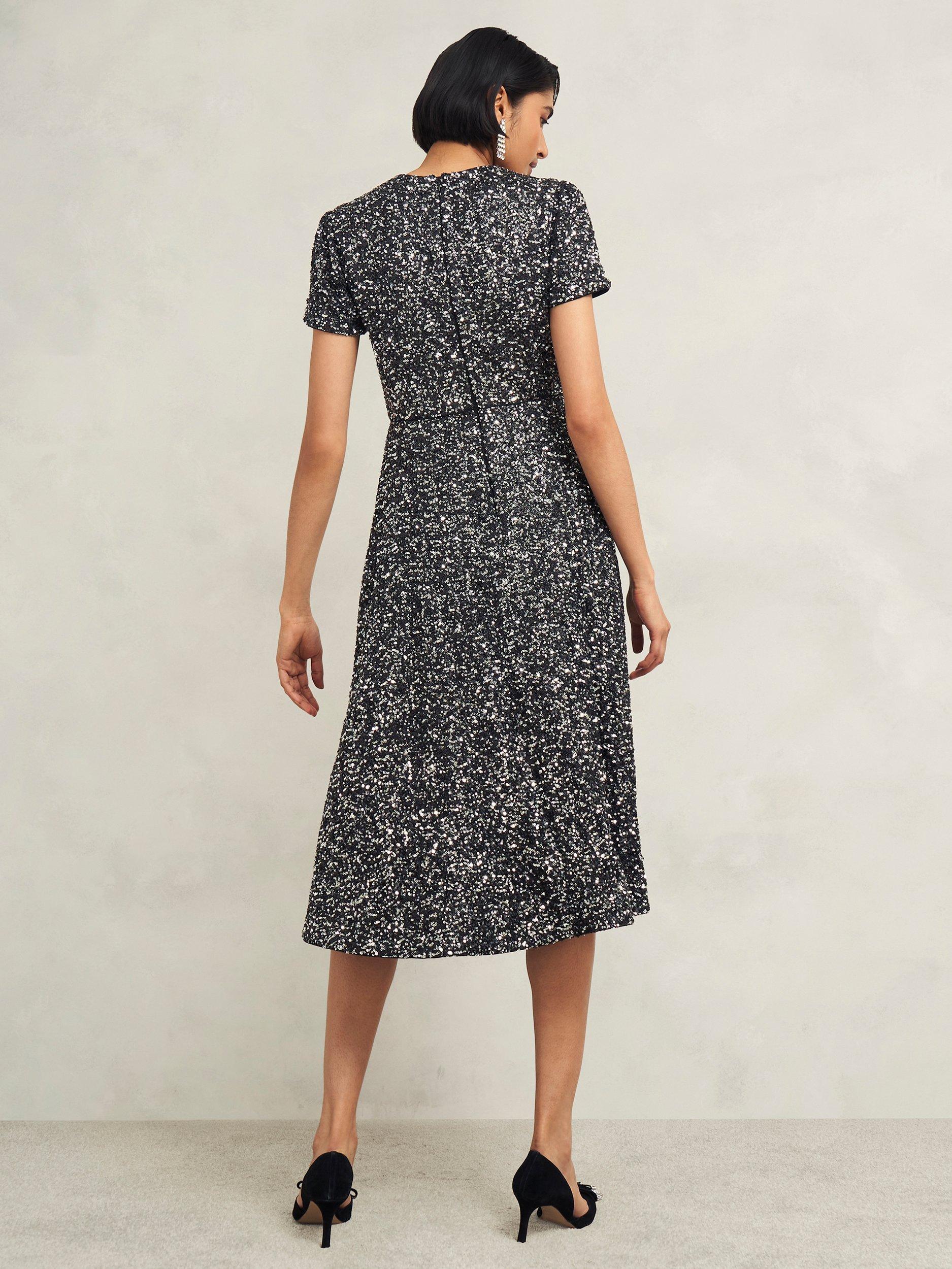 Product image 2 of 4, which shows Hobbs Petite Tatiana Sequin Dress, Black/Silver, 10