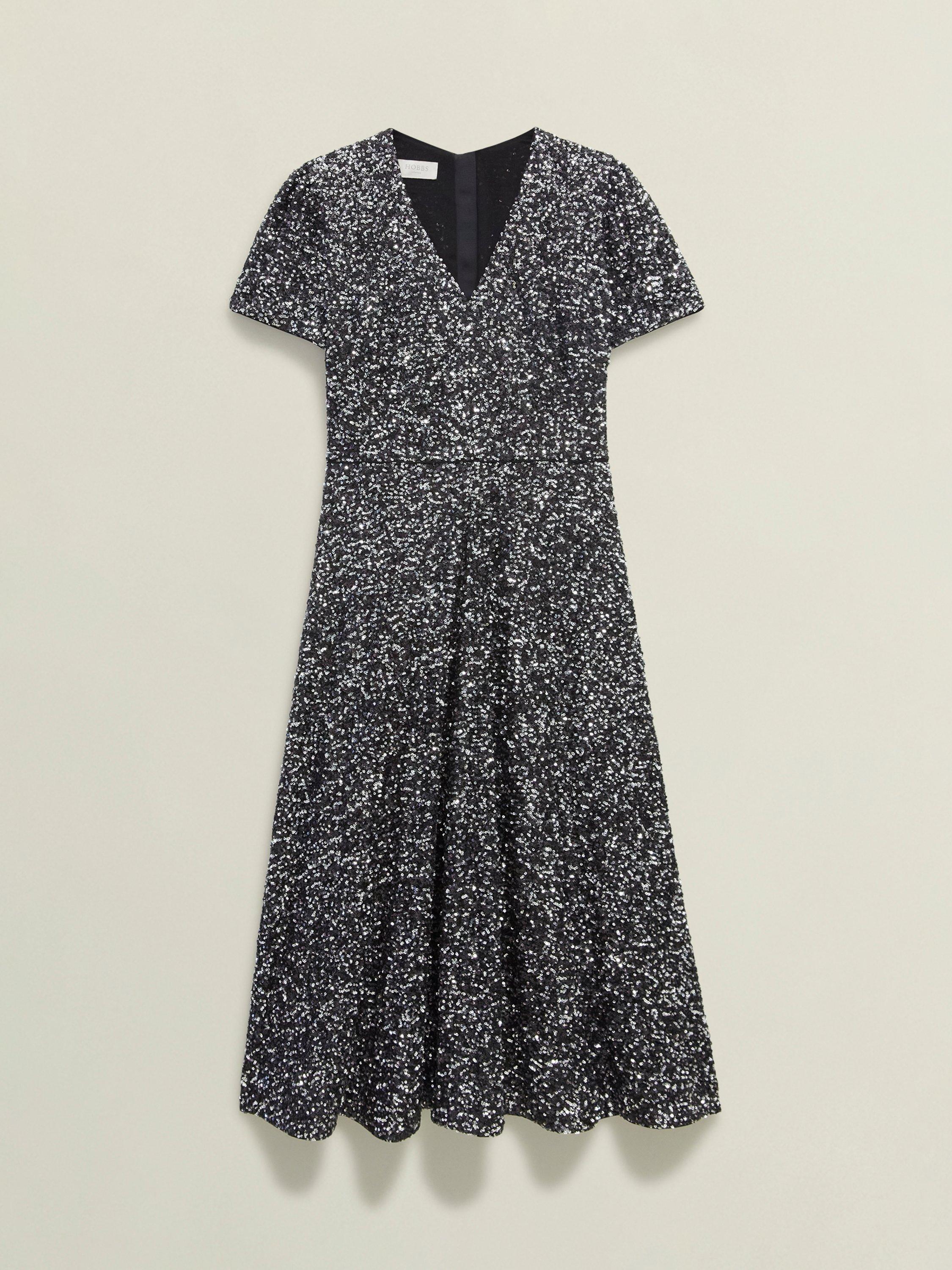 Product image 3 of 4, which shows Hobbs Petite Tatiana Sequin Dress, Black/Silver, 10