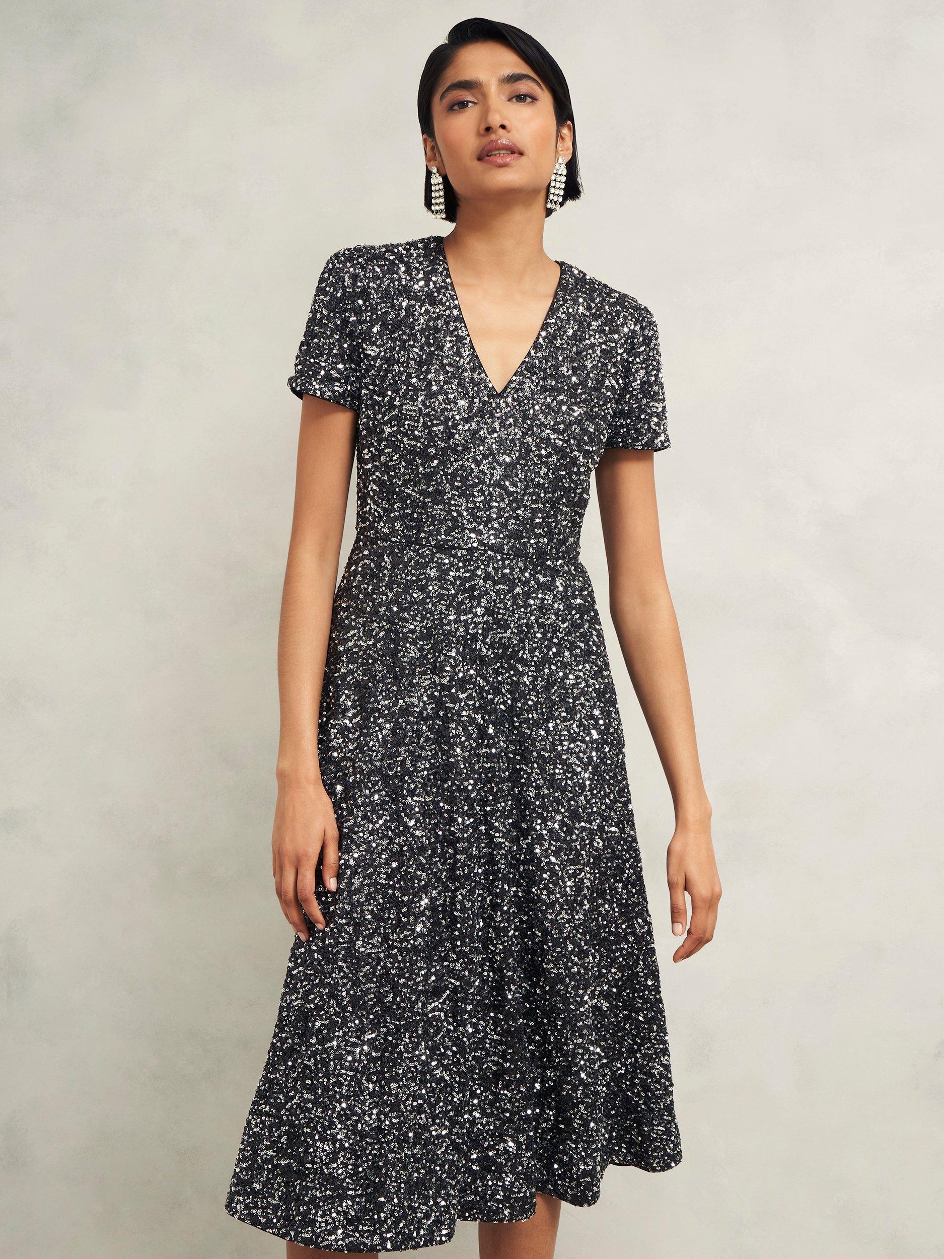 Product image 4 of 4, which shows Hobbs Petite Tatiana Sequin Dress, Black/Silver, 10