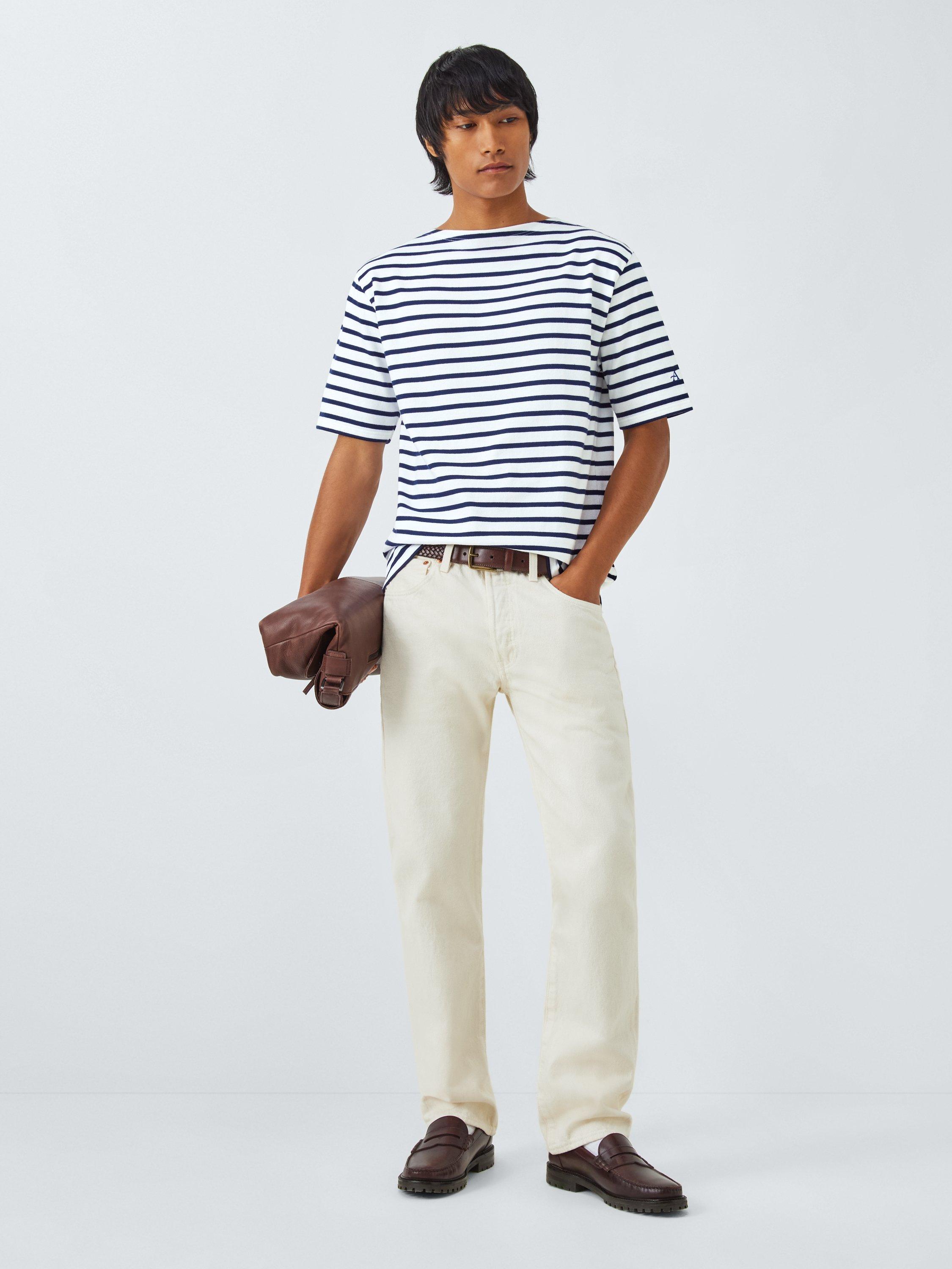Product image 3 of 6, which shows Armor Lux Cotton Regular Fit Short Sleeve Stripe T-Shirt, Blanc/Seal, S