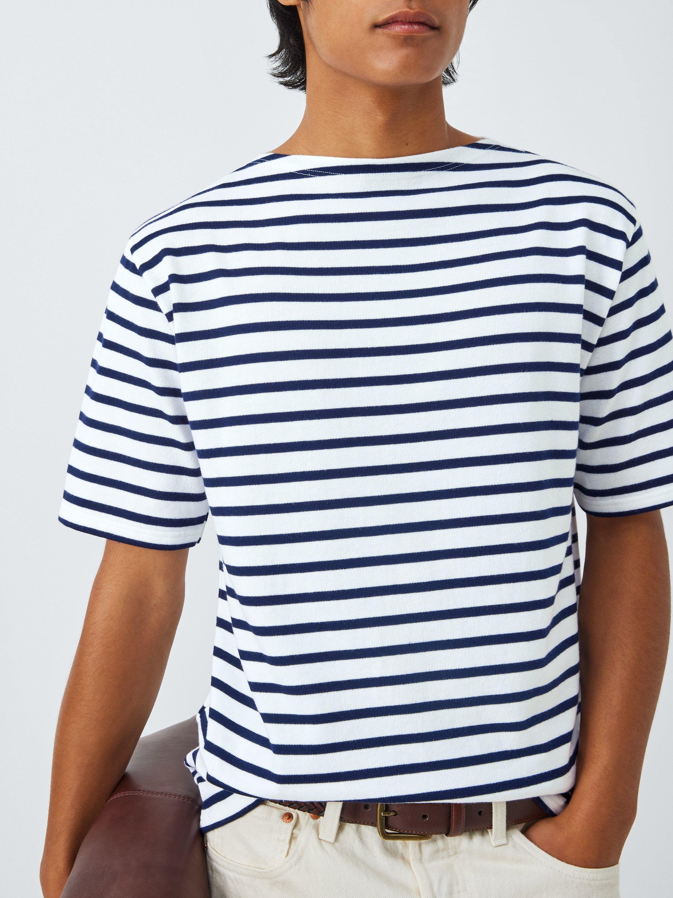 Product image 5 of 6, which shows Armor Lux Cotton Regular Fit Short Sleeve Stripe T-Shirt, Blanc/Seal, S