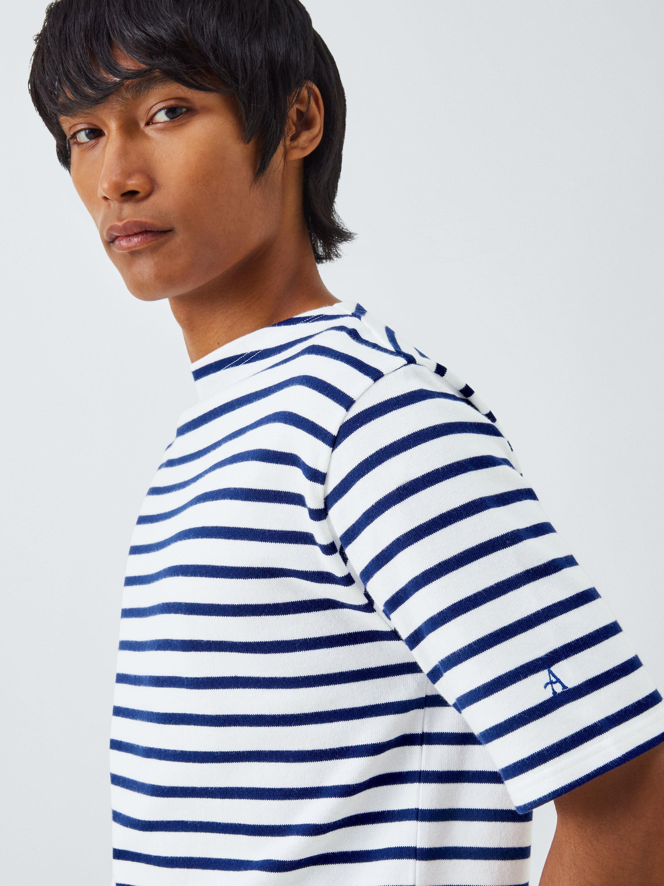 Product image 6 of 6, which shows Armor Lux Cotton Regular Fit Short Sleeve Stripe T-Shirt, Blanc/Seal, S