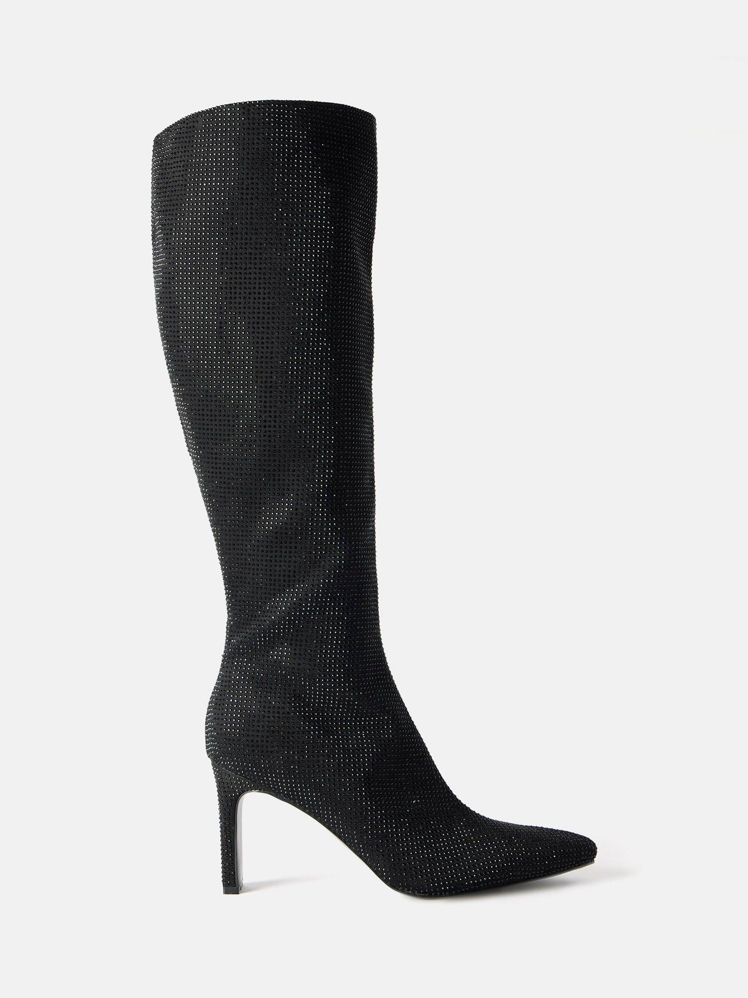 Mint Velvet Fleur Diamante Knee High Boots Black