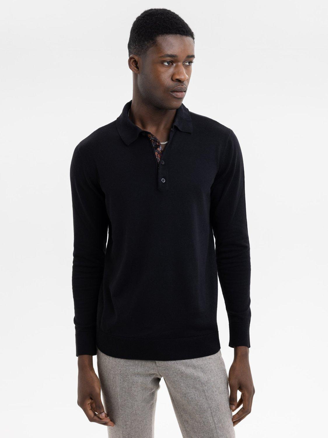 Product image 1 of 4, which shows Blake Mill Cashmere Blend Knitted Polo Shirt, Black, S