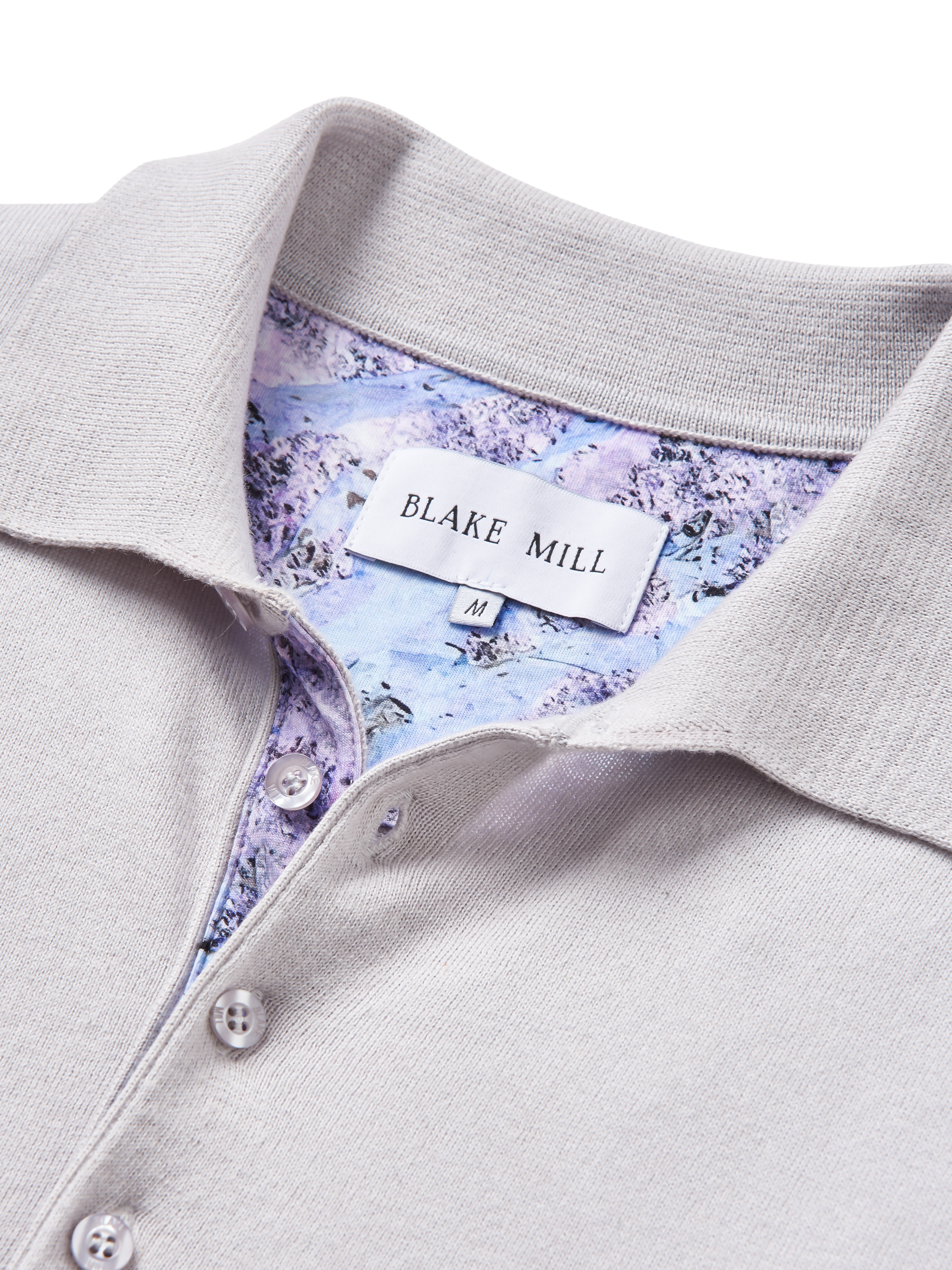 Product image 4 of 4, which shows Blake Mill Cashmere Blend Knitted Polo Shirt, Grey, S