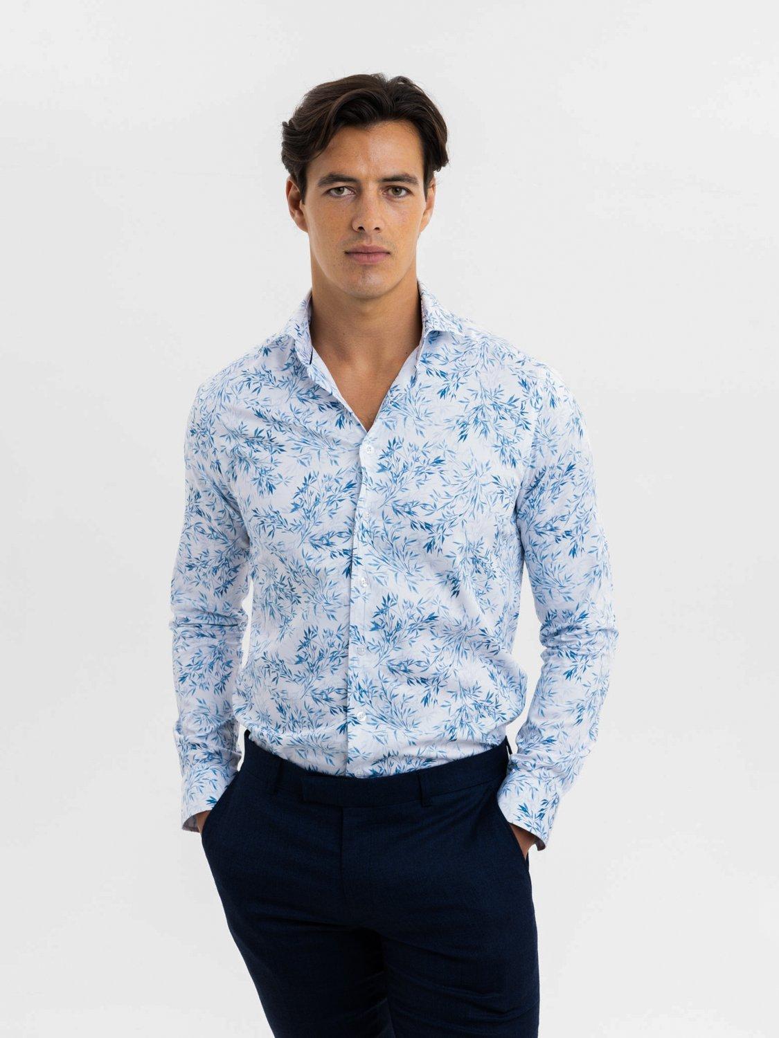 Product image 1 of 5, which shows Blake Mill Cutaway Collar Savanna Print Tailored Fit Shirt, Blue Pattern, S