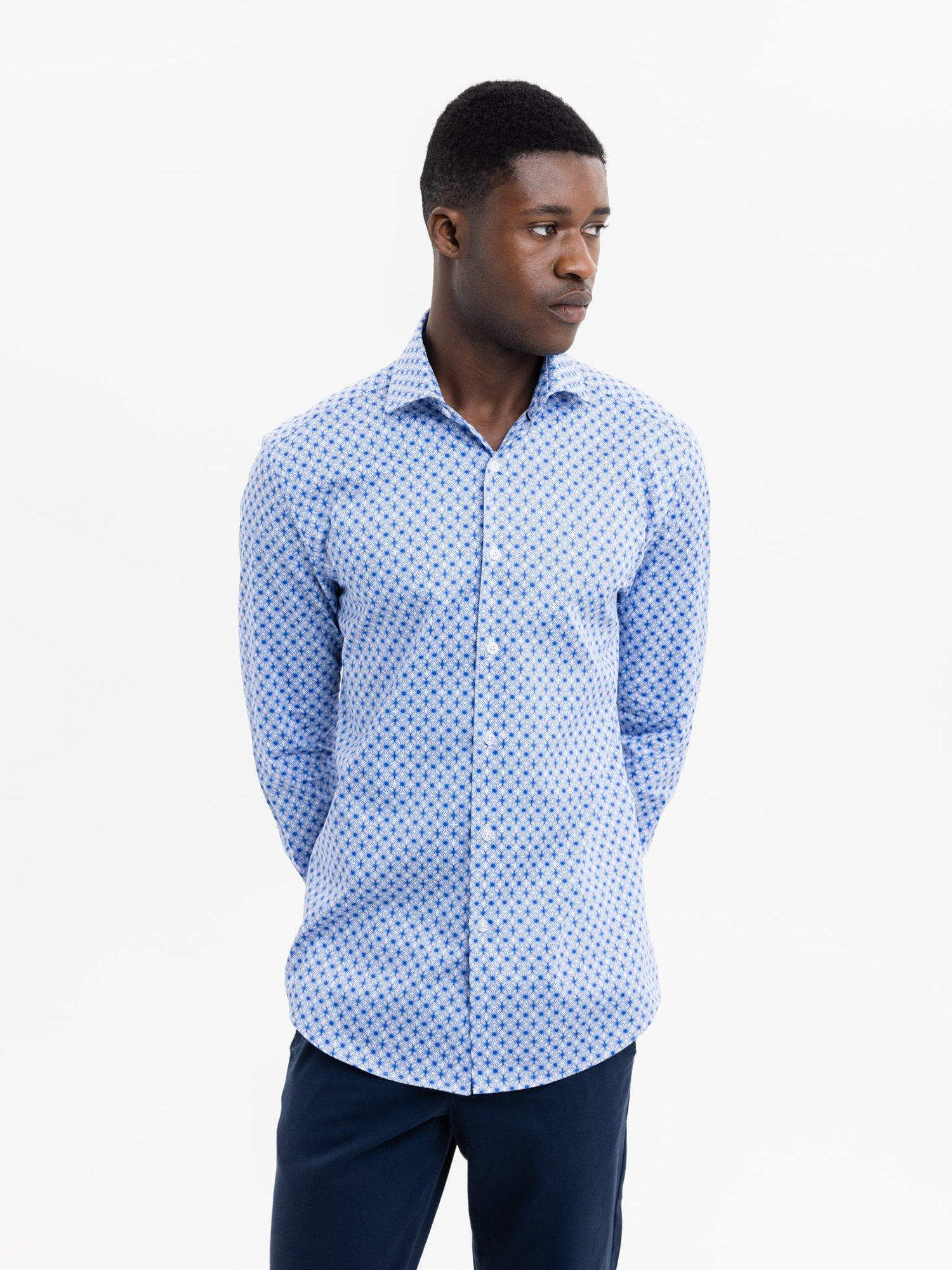 Product image 1 of 6, which shows Blake Mill Cutaway Collar Wavy Geo Print Tailored Fit Shirt, Blue Pattern, S