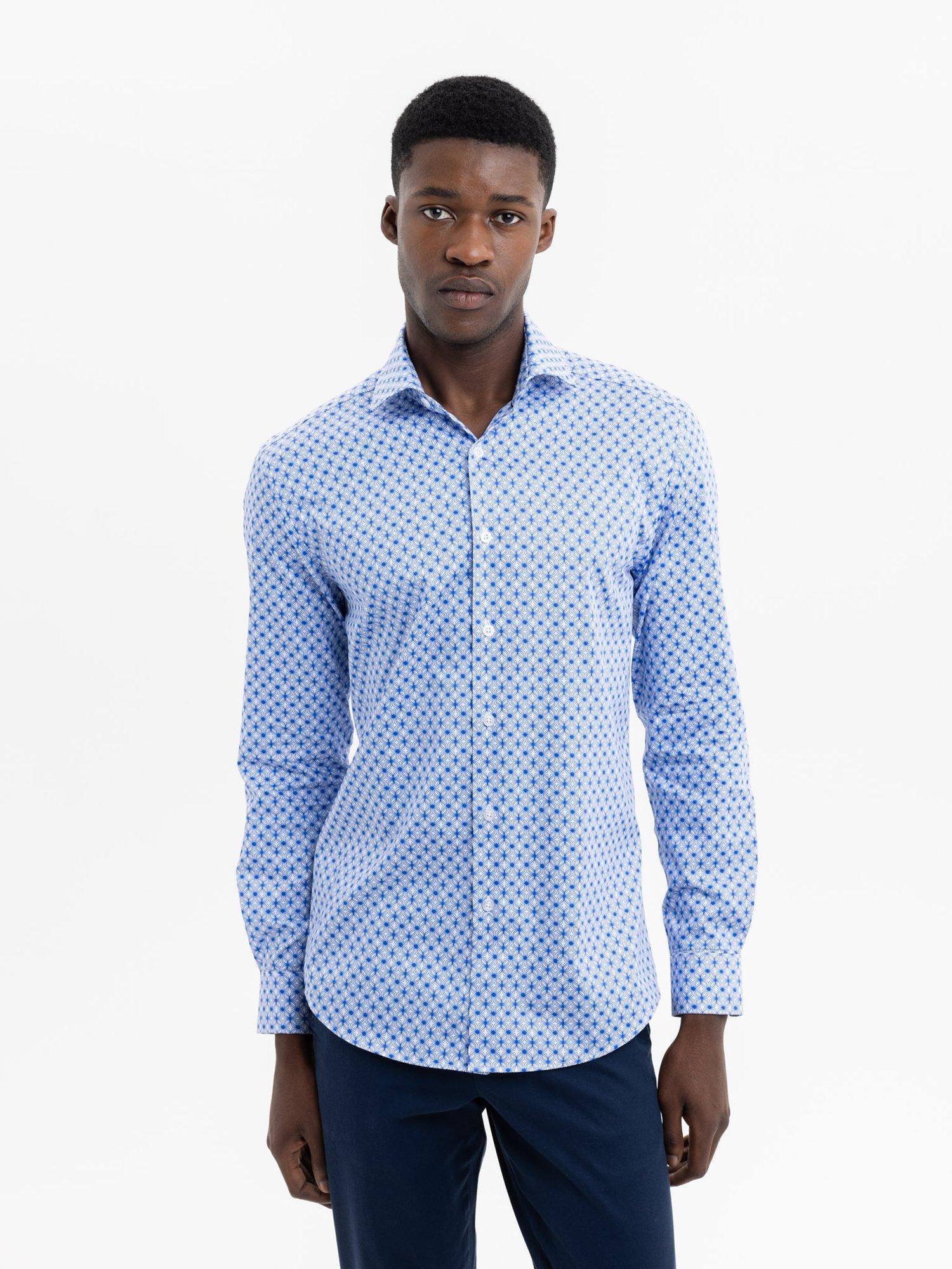 Product image 2 of 6, which shows Blake Mill Cutaway Collar Wavy Geo Print Tailored Fit Shirt, Blue Pattern, S