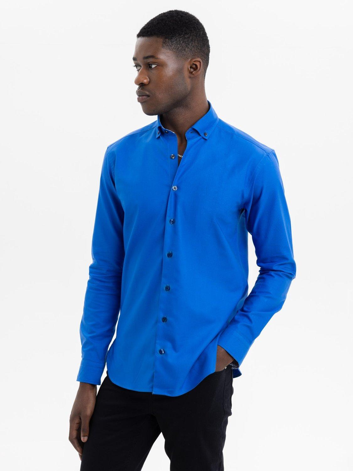 Product image 2 of 6, which shows Blake Mill Organic Cotton Botanic Geo Print Trim Oxford Shirt, Bright Blue, S