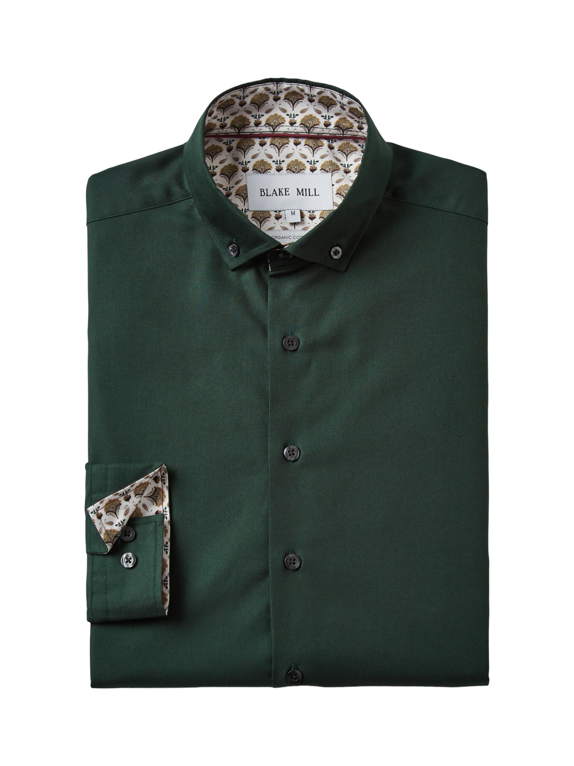 Product image 2 of 5, which shows Blake Mill Organic Cotton Botanic Geo Print Trim Oxford Shirt, Green, S
