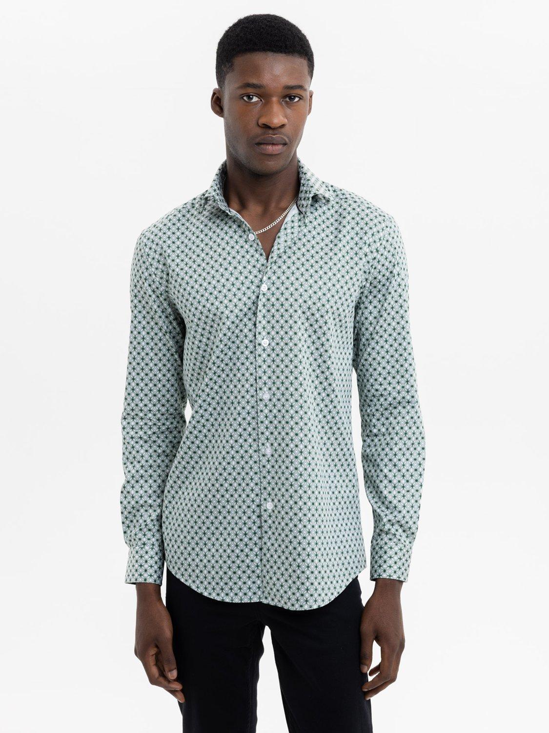 Product image 1 of 5, which shows Blake Mill Cutaway Collar Wavy Geo Print Tailored Fit Shirt, Green Pattern, S