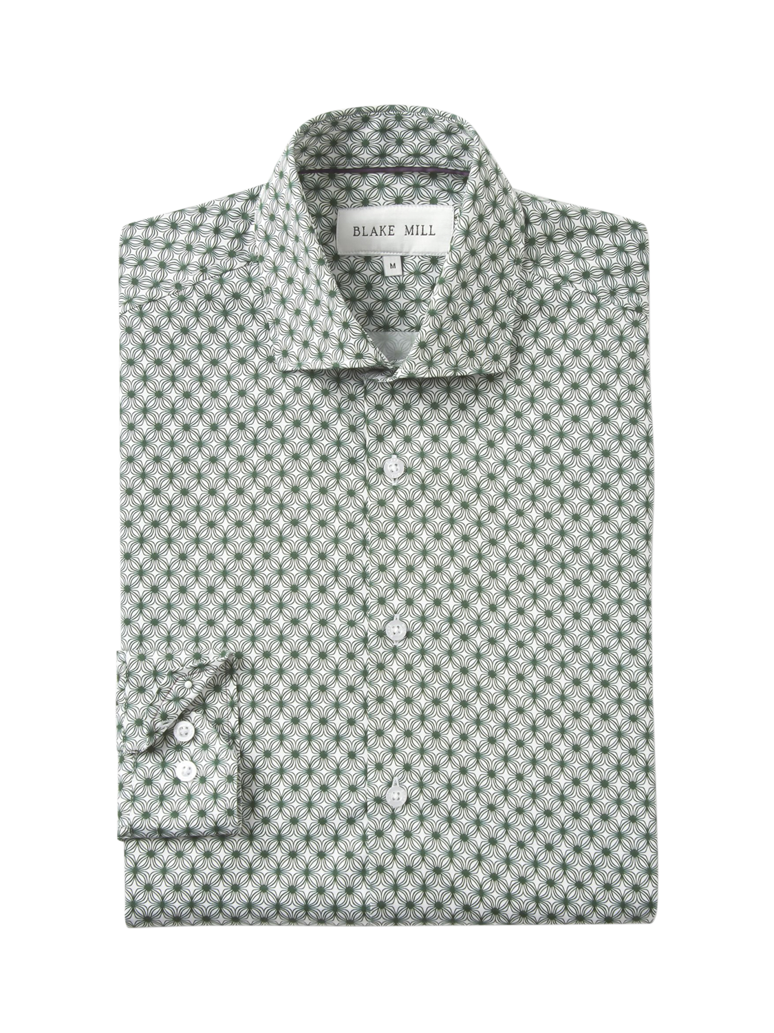 Product image 2 of 5, which shows Blake Mill Cutaway Collar Wavy Geo Print Tailored Fit Shirt, Green Pattern, S