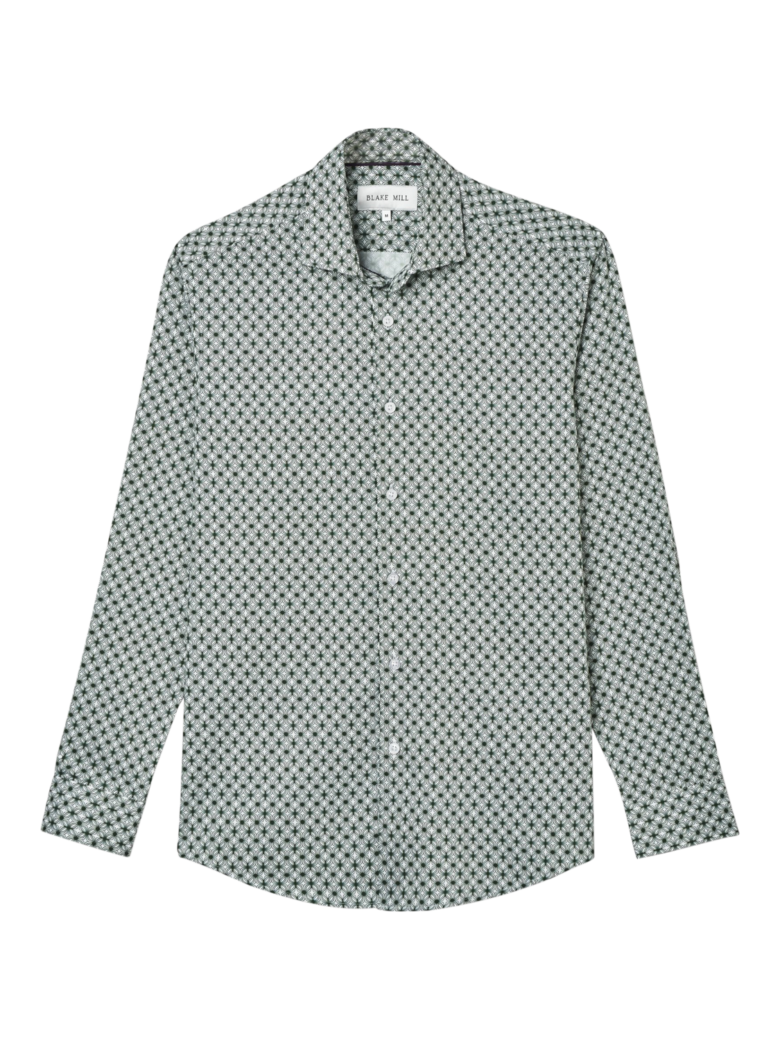 Product image 3 of 5, which shows Blake Mill Cutaway Collar Wavy Geo Print Tailored Fit Shirt, Green Pattern, S