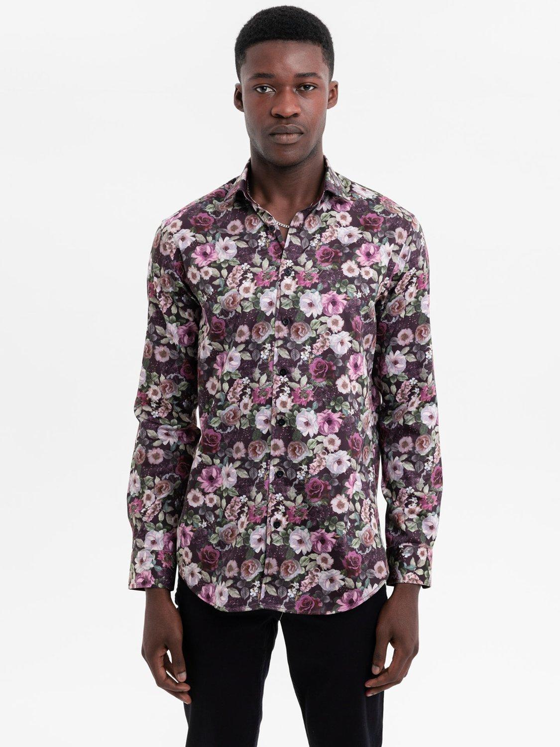 Product image 1 of 5, which shows Blake Mill Cutaway Collar Name of a Rose Print Tailored Fit Shirt, Red Pattern, S