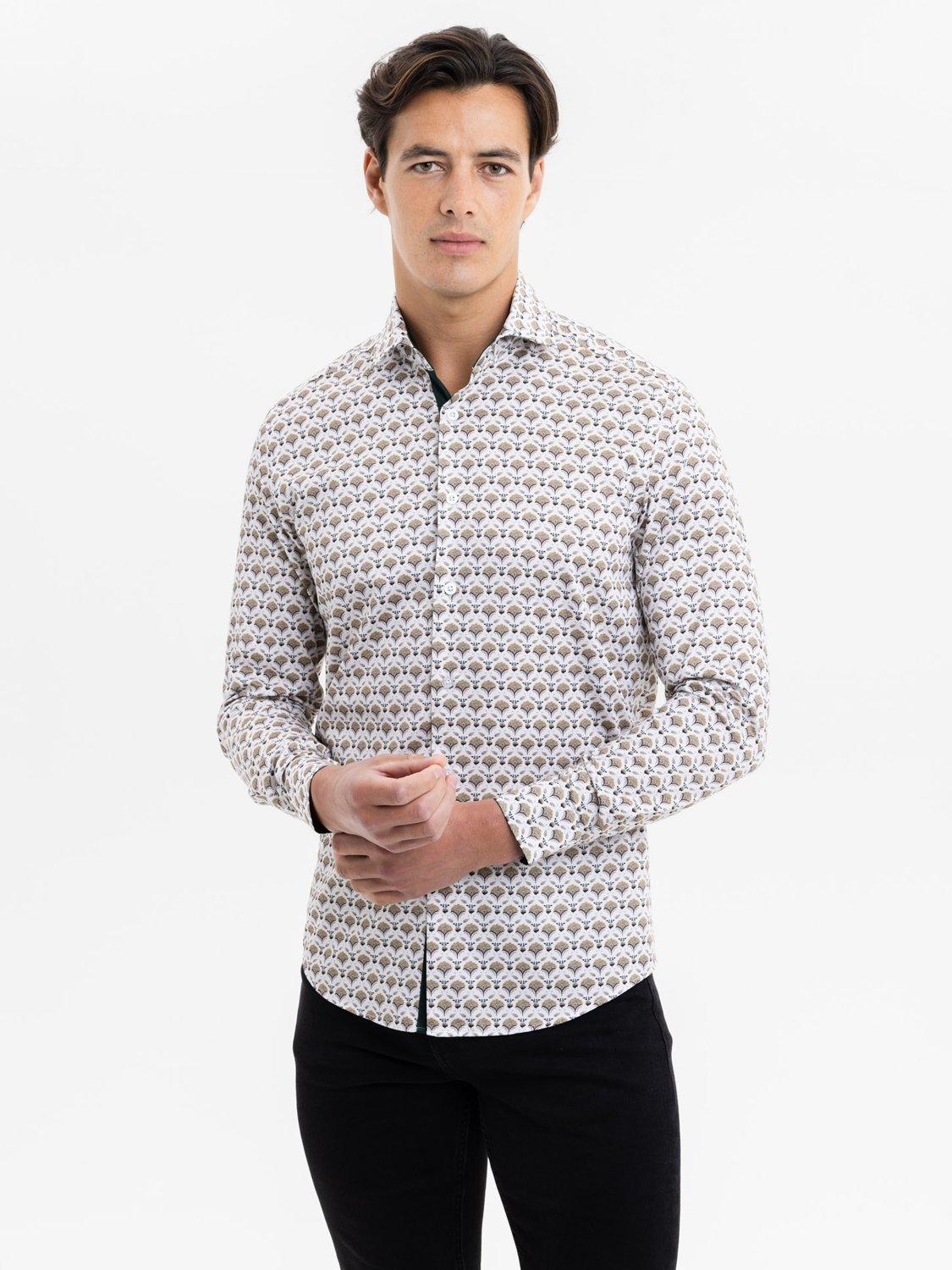 Product image 1 of 5, which shows Blake Mill Cutaway Collar Geo Floral Print Tailored Fit Shirt, Yellow Pattern, S