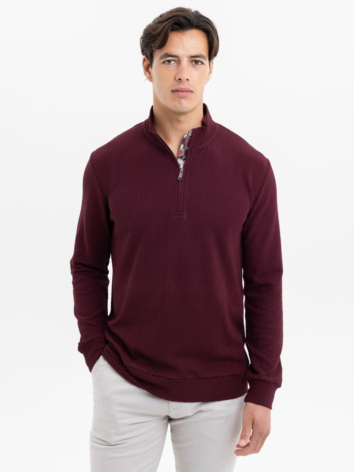 Product image 1 of 5, which shows Blake Mill Organic Cottoin Quarter-Zip Jersey Top, Burgundy, S