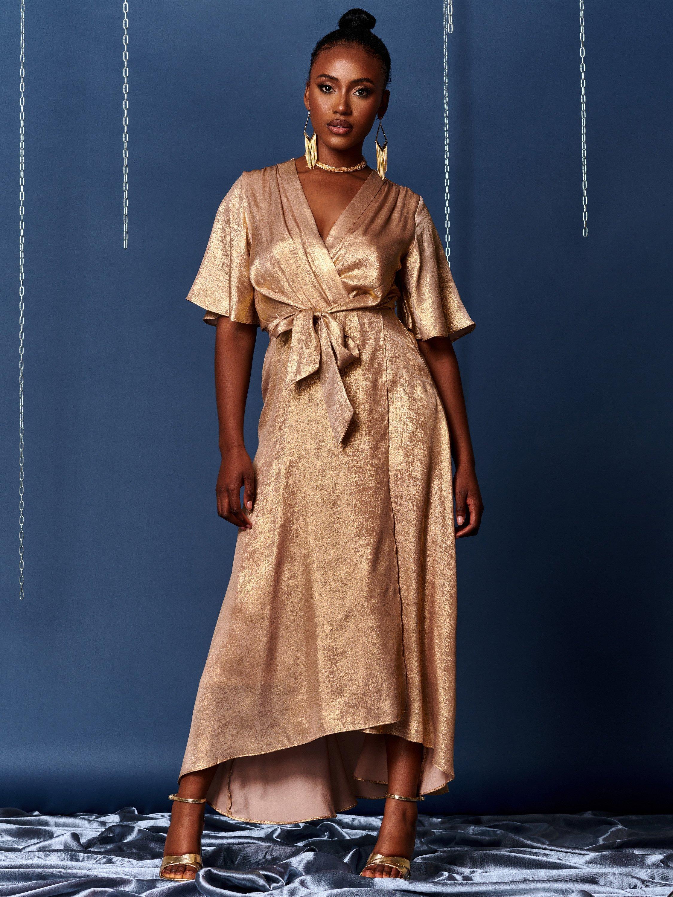 Jolie Moi Metallic Wrap Maxi Dress Gold