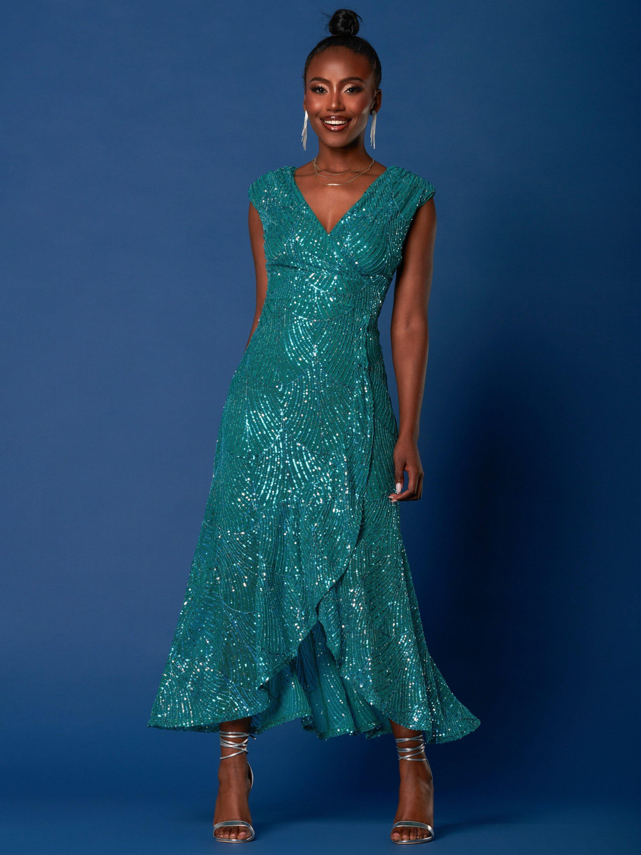 Jolie Moi Sequin High Low Hem Maxi Dress, Teal