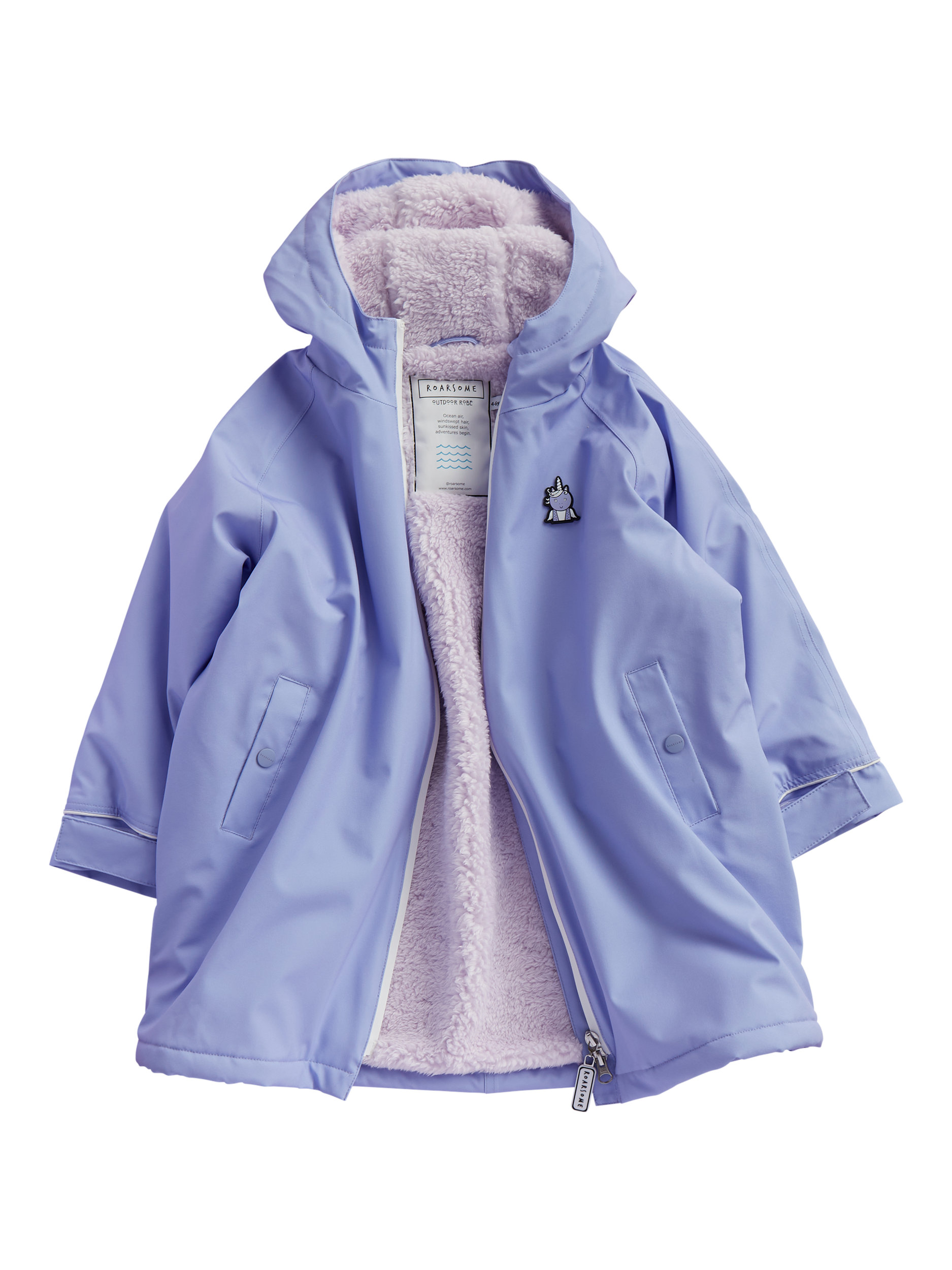 Product image 1 of 5, which shows Roarsome Kids' Sparkle Waterproof Outdoor Changing Robe, Lilac, 1-2 years