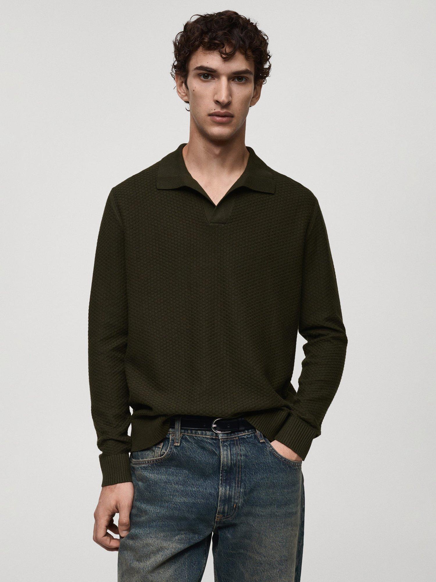 Mango Cotton Blend Collared Jumper, Light Beige, Khaki