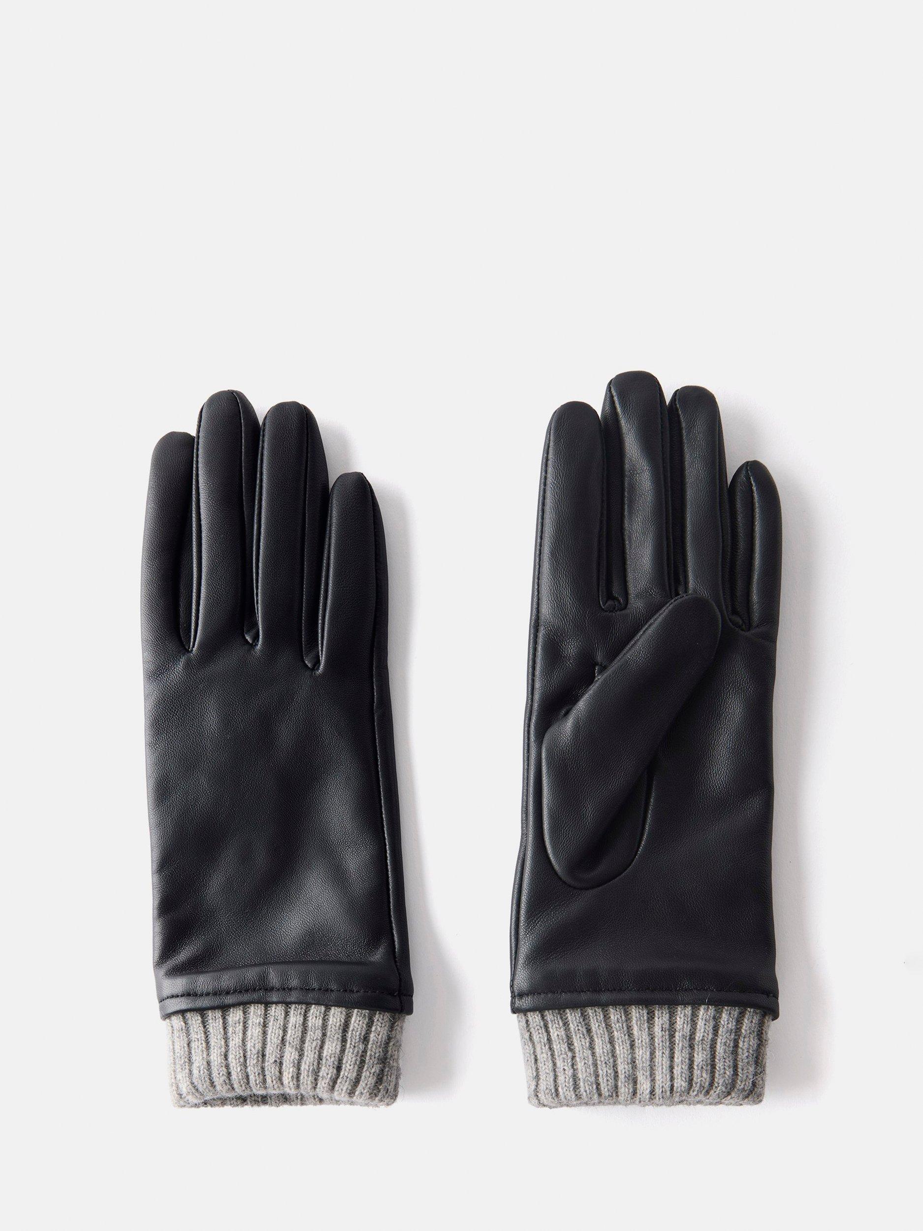 Mint Velvet Leather Knit Trim Gloves, Black