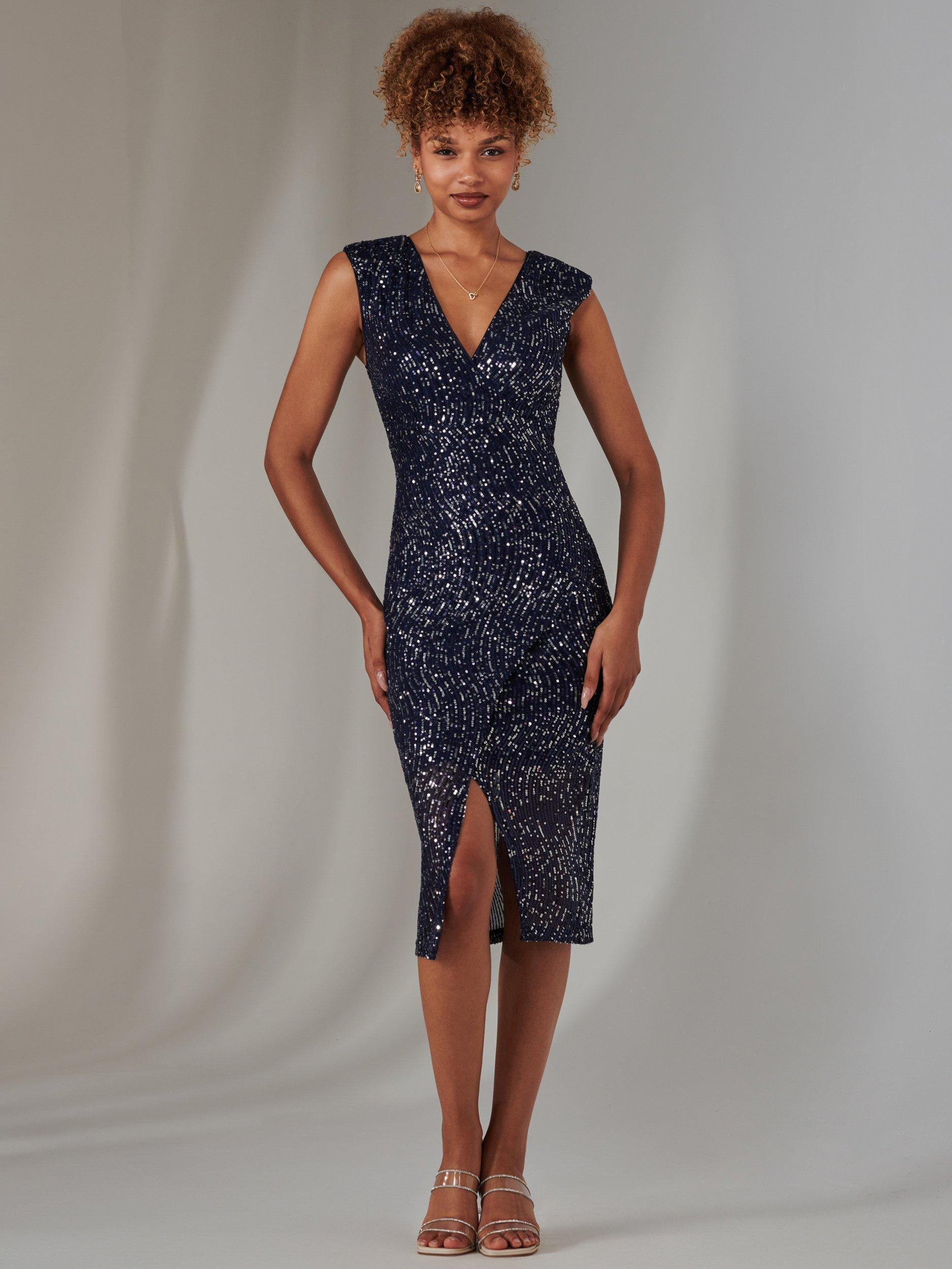 Jolie Moi Deja Sequin Midi Dress Navy Silver
