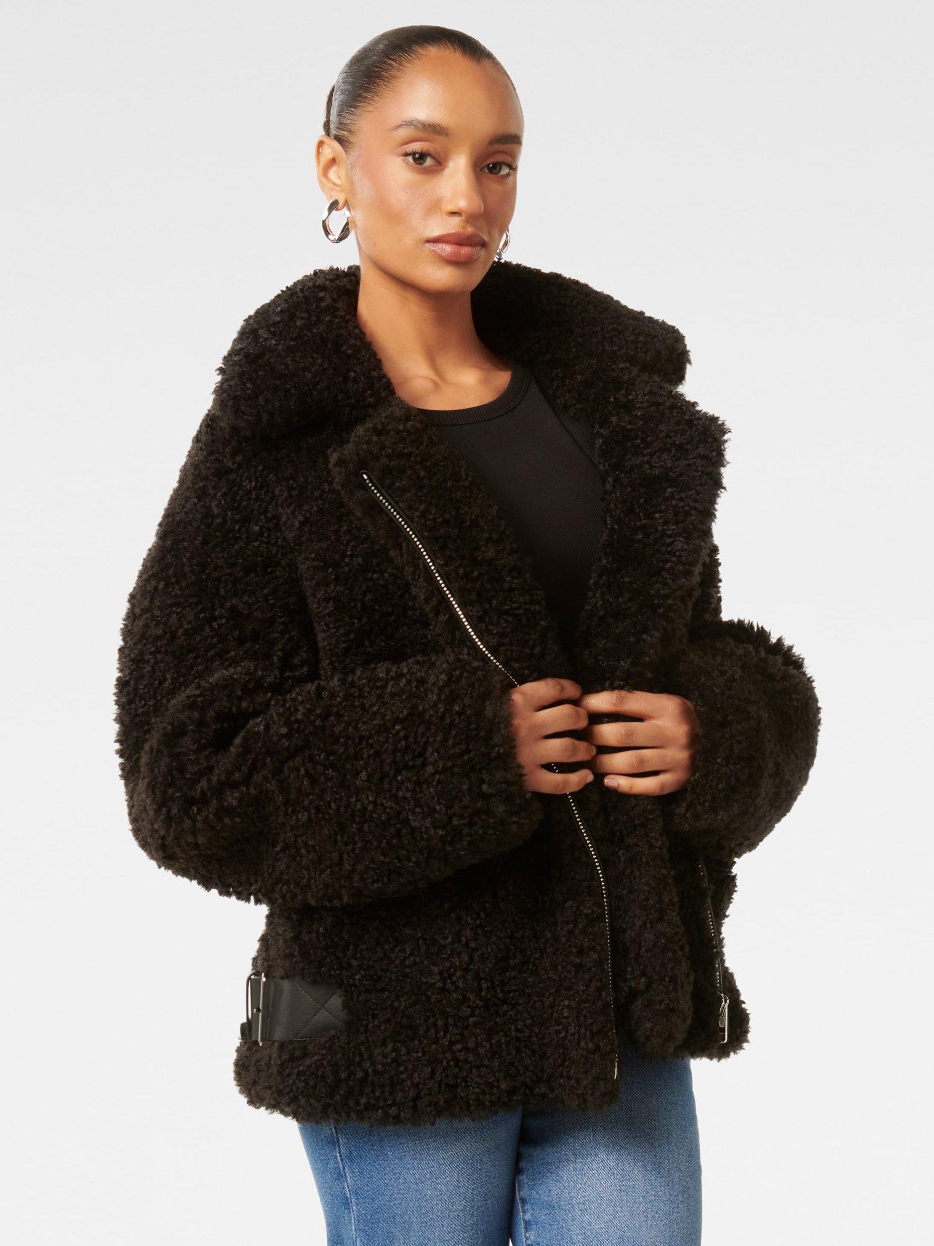 Product image 3 of 5, which shows Forever New Petite Belle Faux Fur Aviator Jacket, Black, 4
