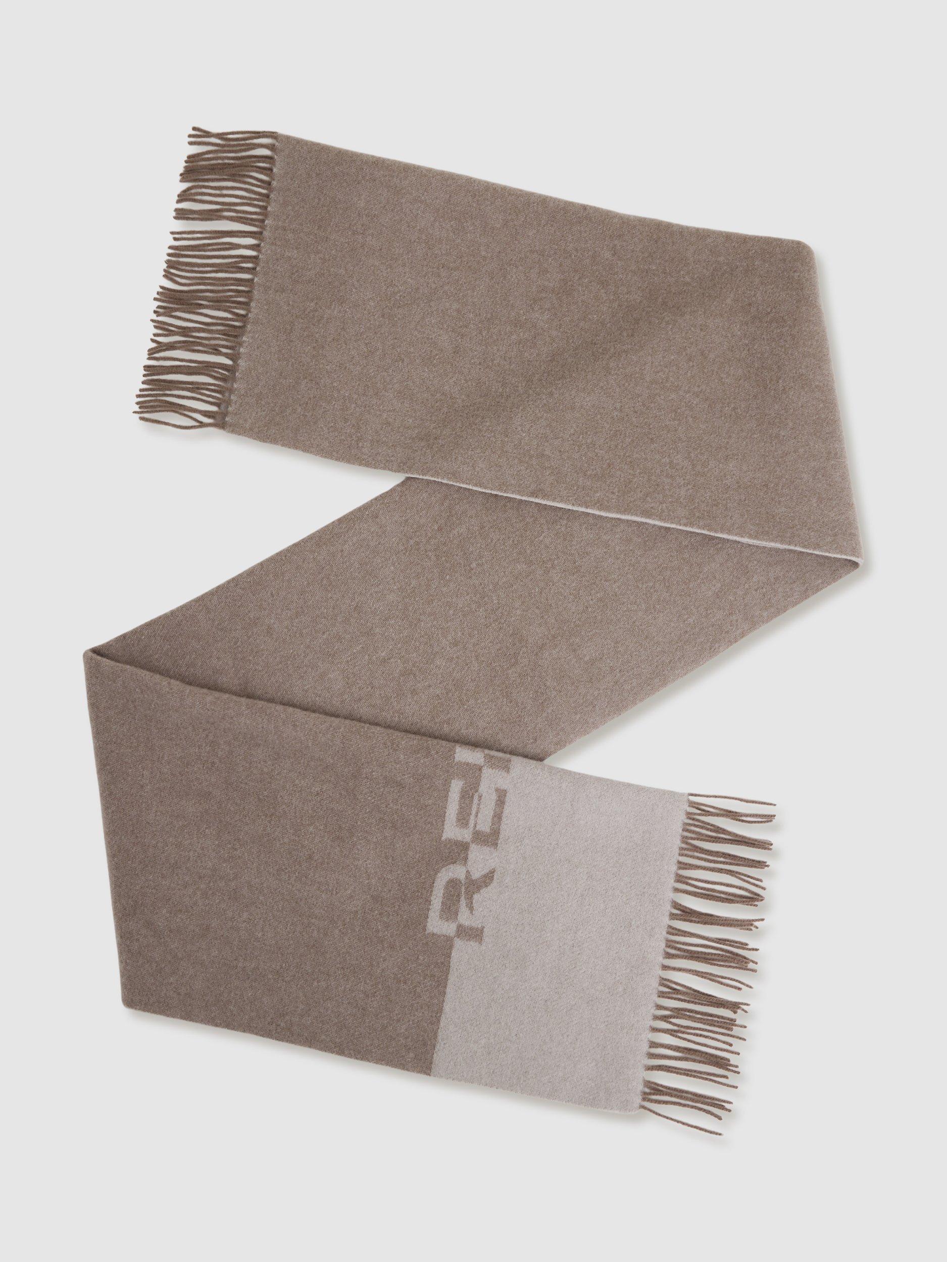 Reiss Brandy Wool Rich Logo Scarf, Taupe