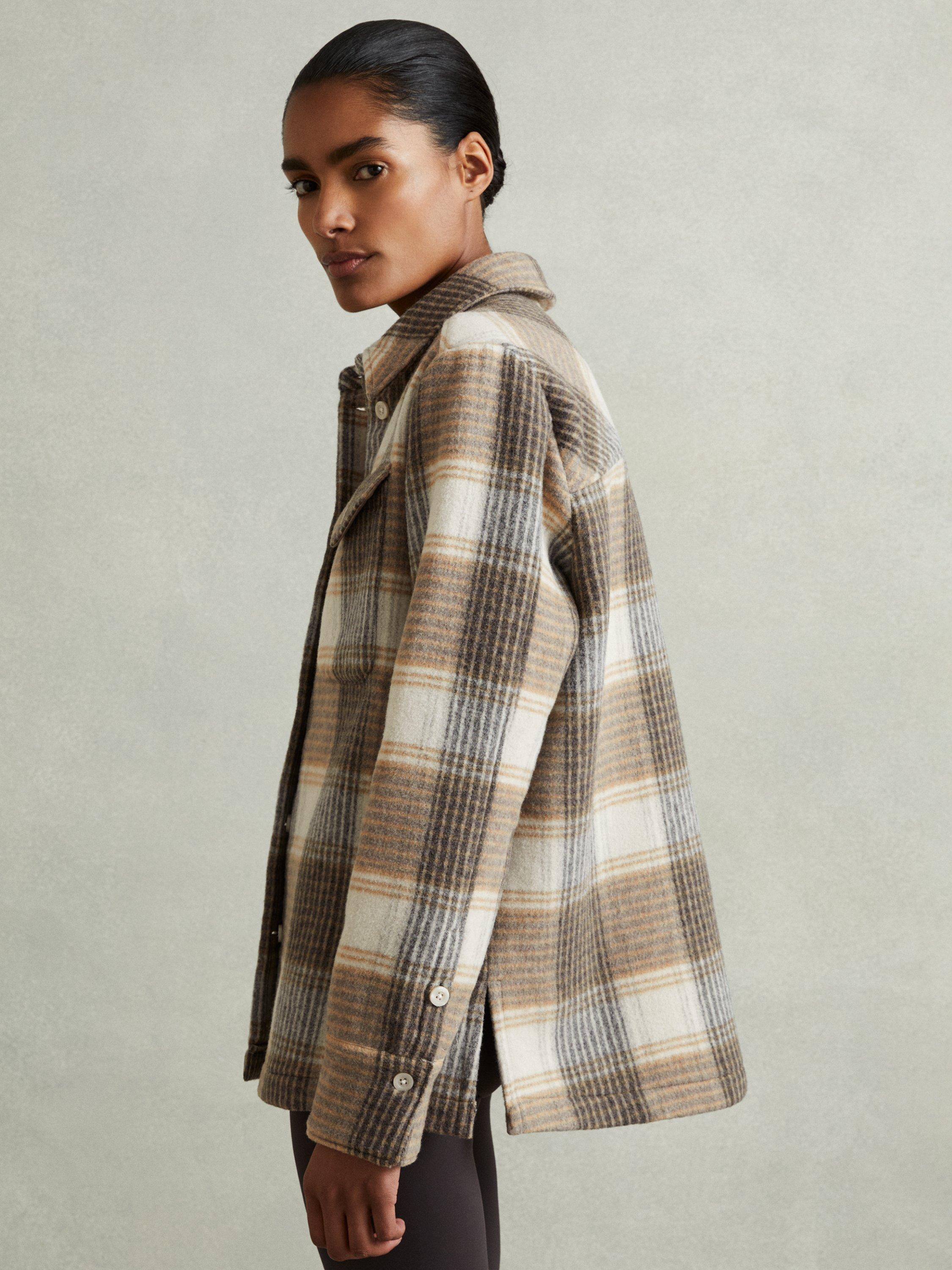 Reiss Phoebe Check Wool Rich Shirt, Neutral