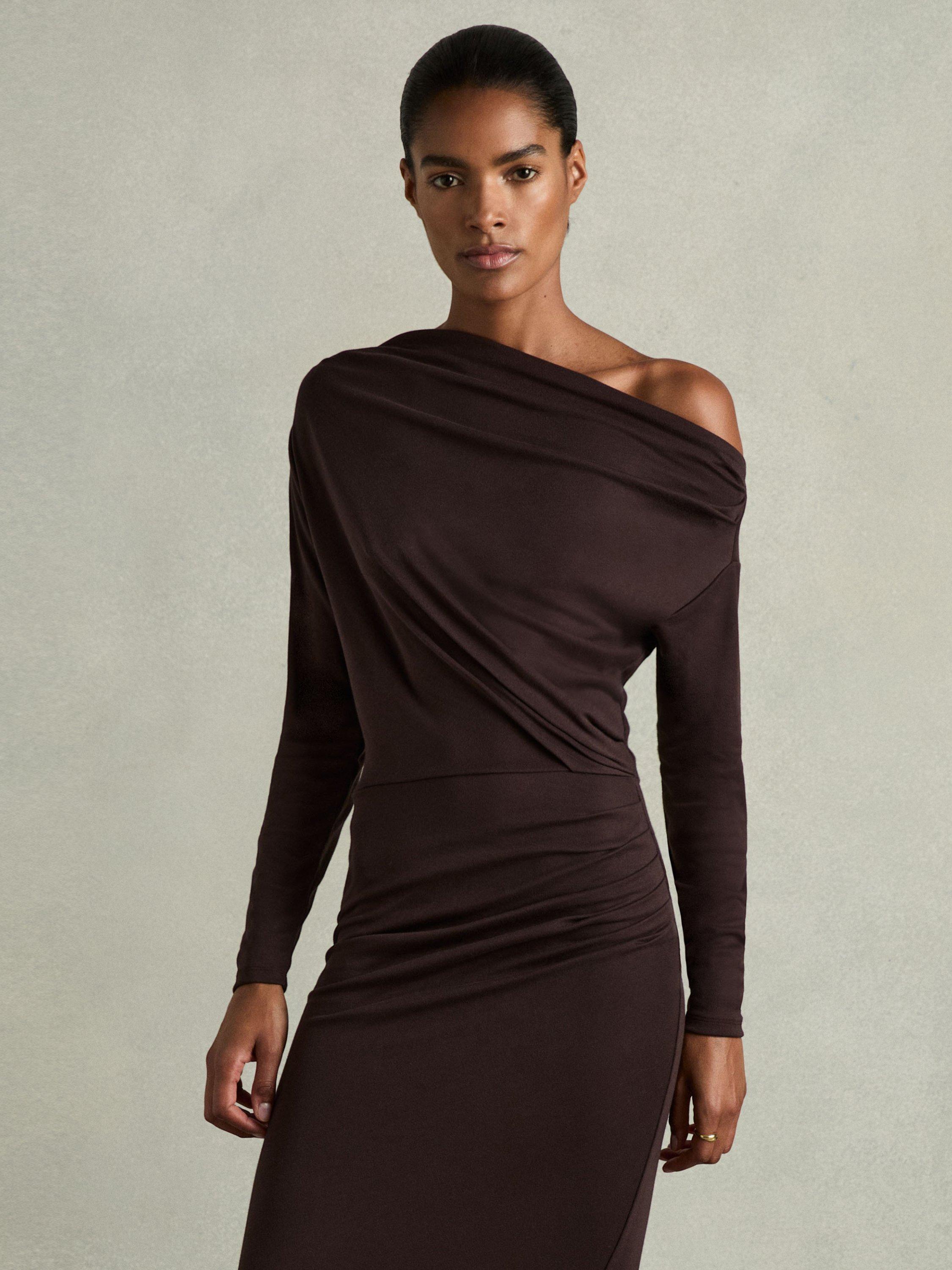 Reiss Fleur Ruched Asymmetric Hem Midi Dress, Brown