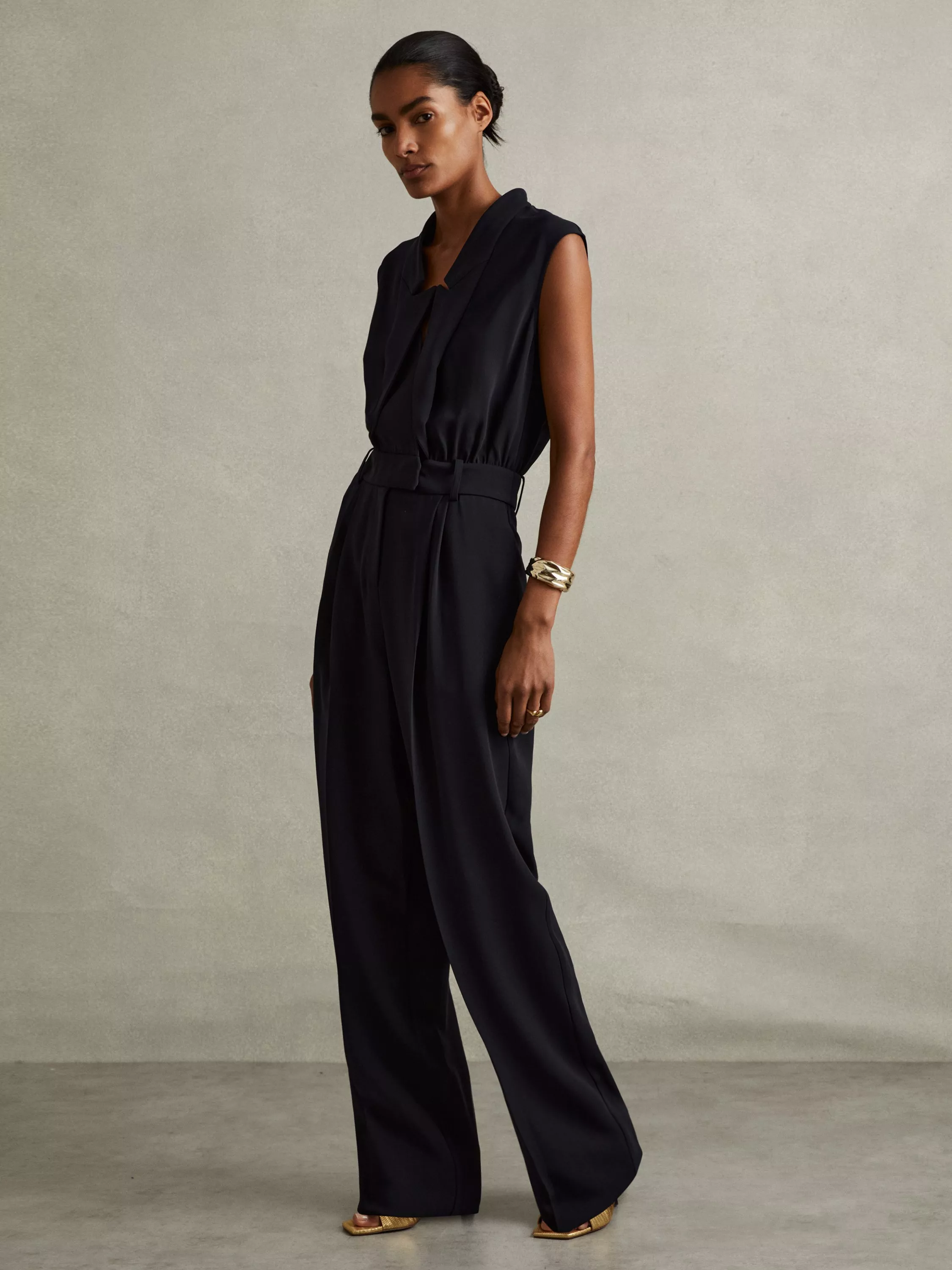 Reiss Sara Tuxedo Pleated Jumpsuit Navy