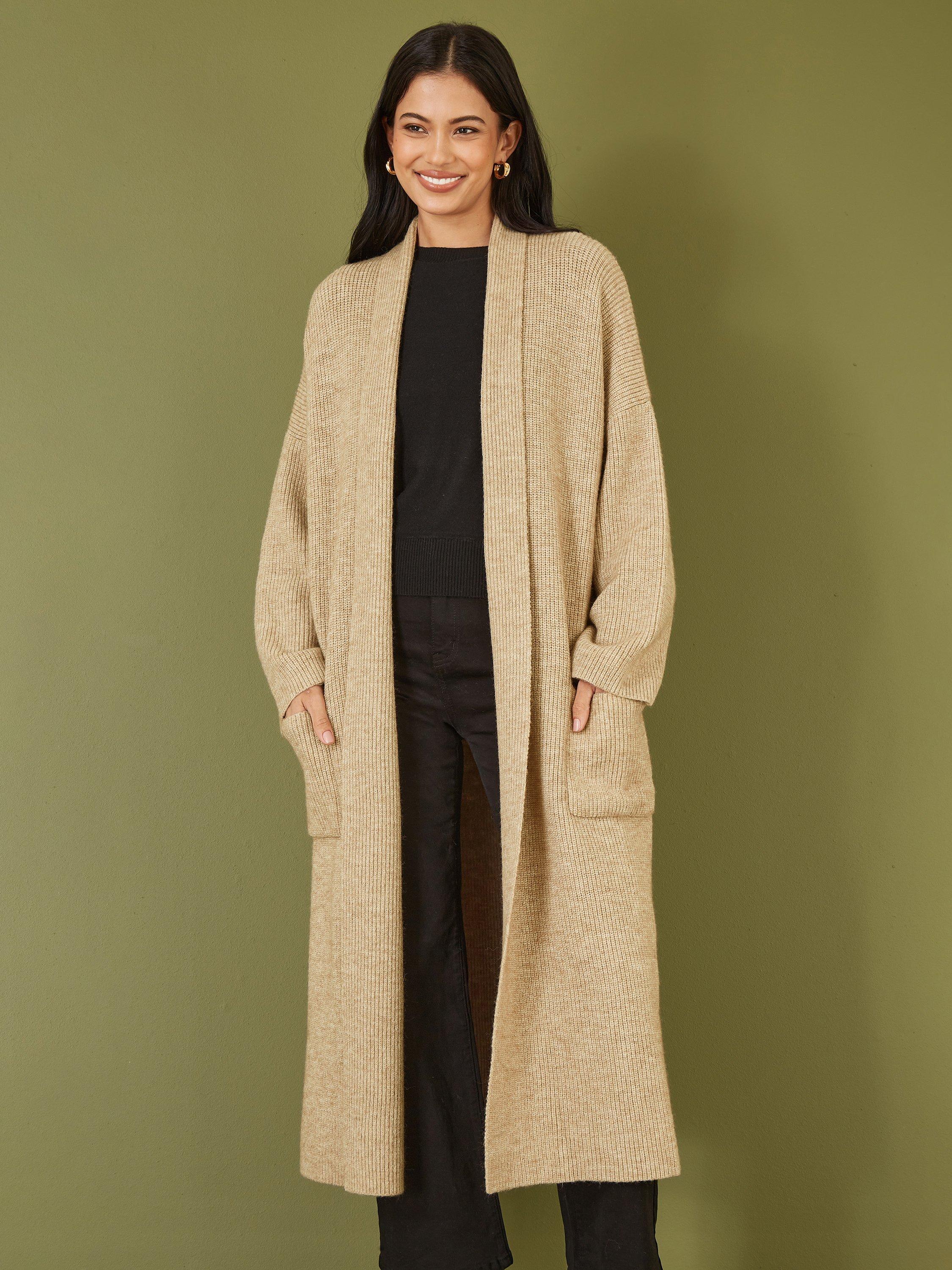 Product image 1 of 4, which shows Yumi Knitted Maxi Pocket Cardigan, Oatmeal, S