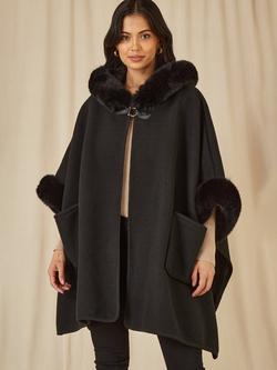 Yumi Faux Fur Trim Cape, Black, Black
