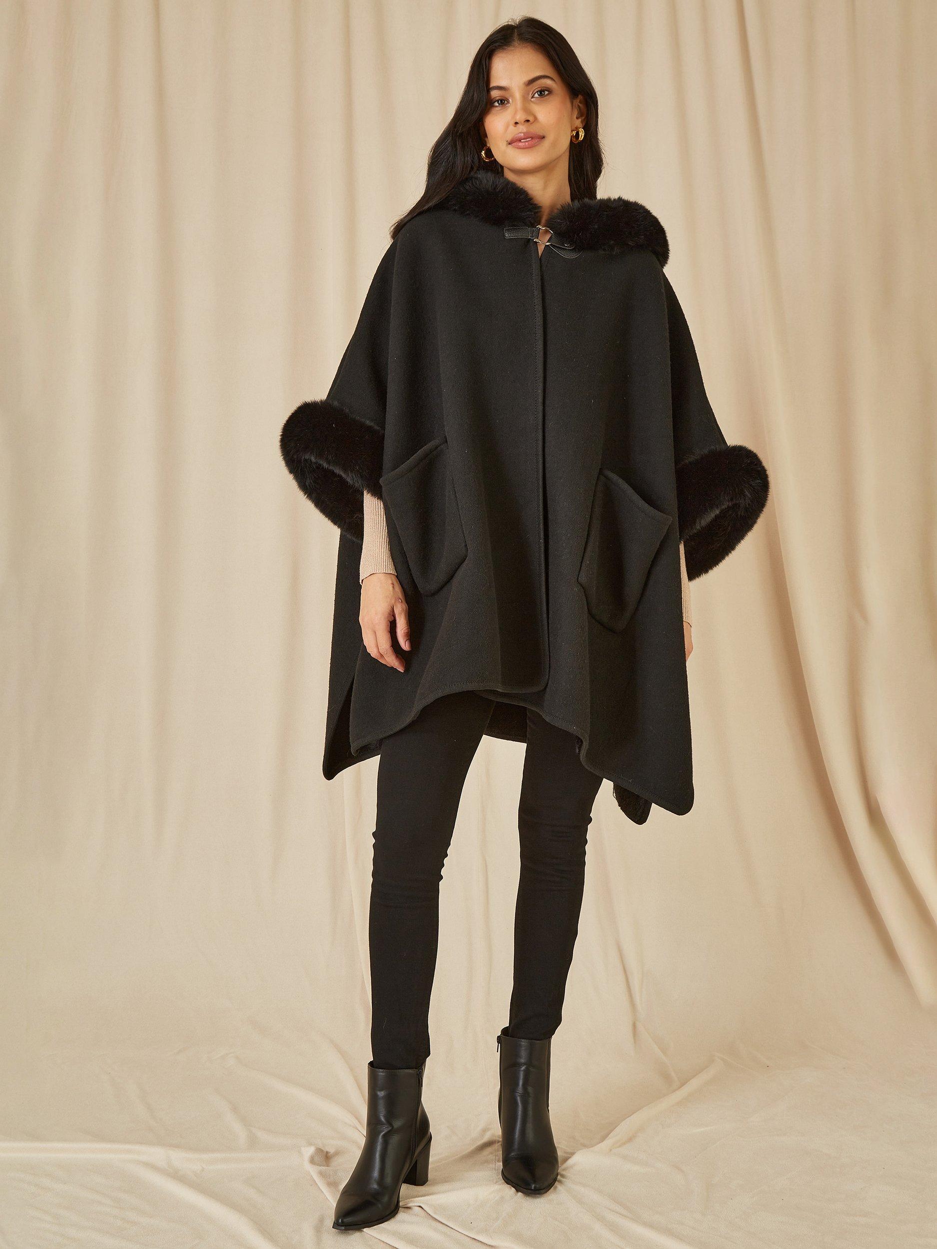 Product image 2 of 6, which shows Yumi Faux Fur Trim Cape, Black, S-M
