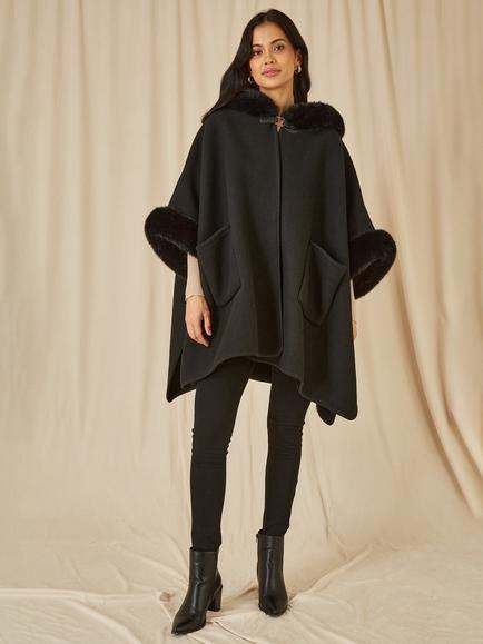 Yumi Faux Fur Trim Cape, Black - view 2, Black