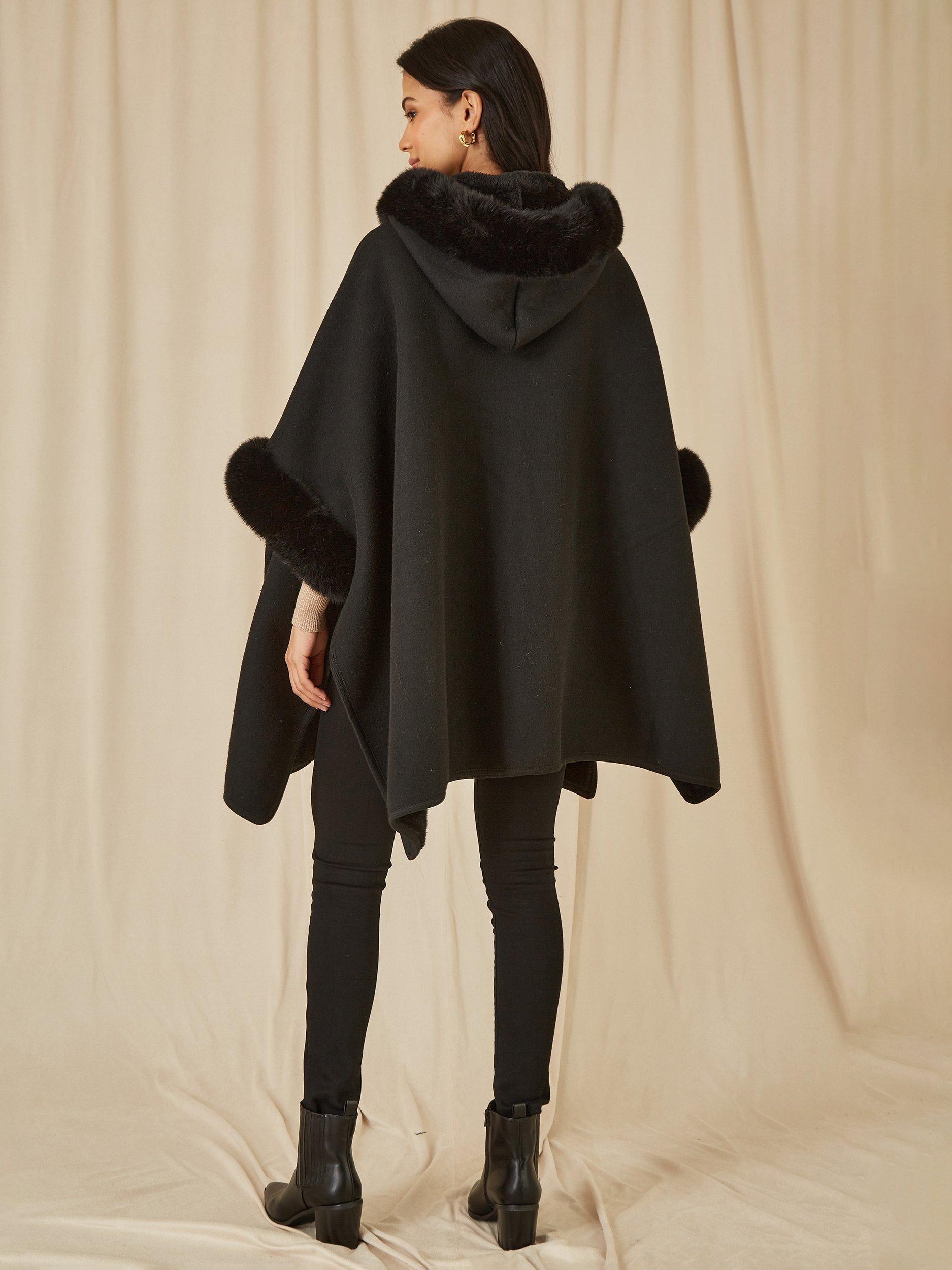 Product image 3 of 6, which shows Yumi Faux Fur Trim Cape, Black, S-M