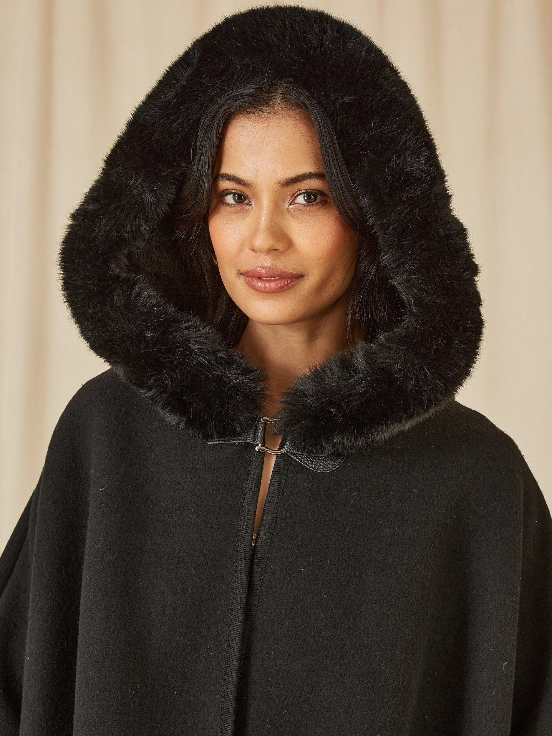 Product image 4 of 6, which shows Yumi Faux Fur Trim Cape, Black, S-M