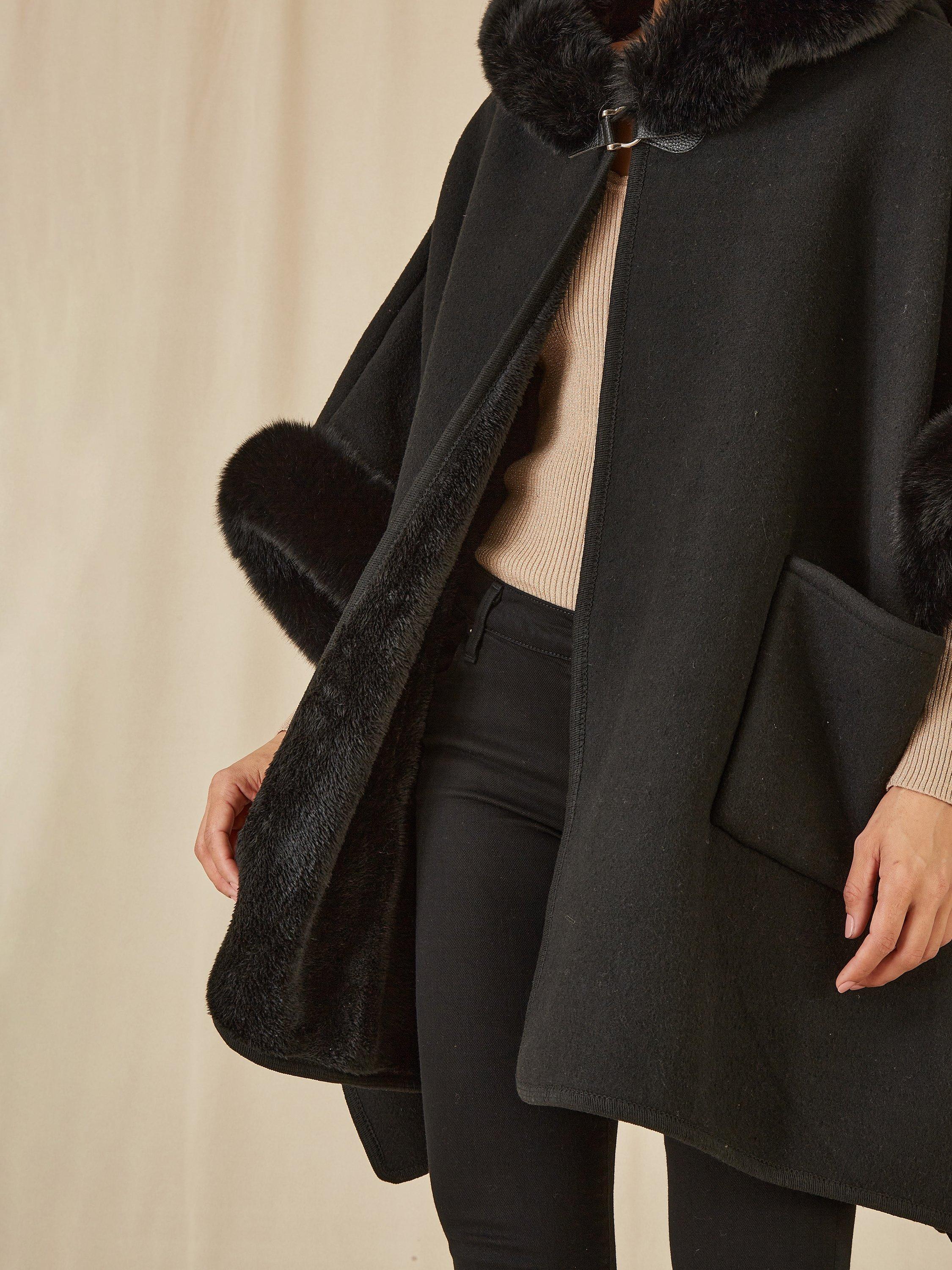 Product image 5 of 6, which shows Yumi Faux Fur Trim Cape, Black, S-M
