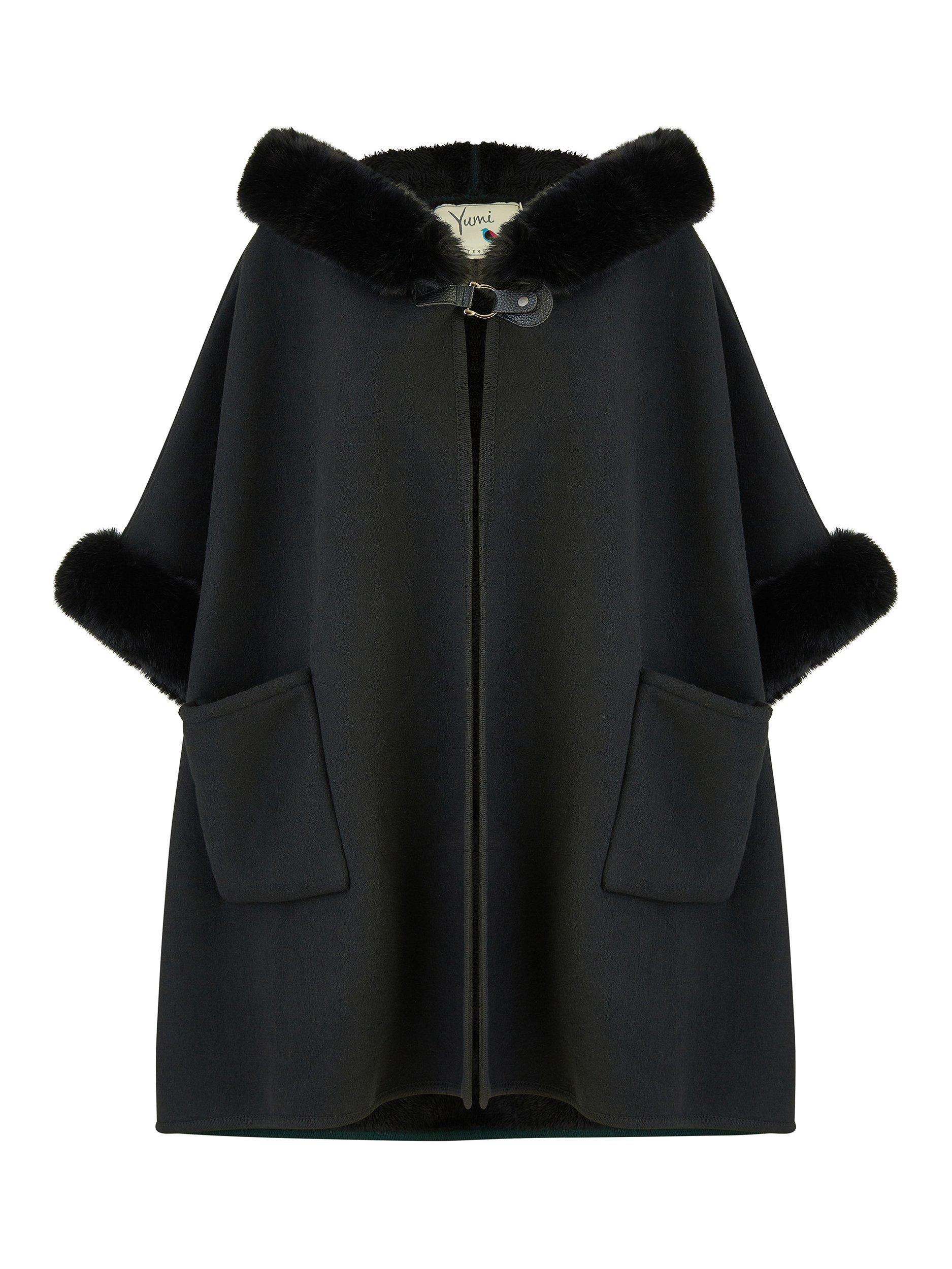Product image 6 of 6, which shows Yumi Faux Fur Trim Cape, Black, S-M