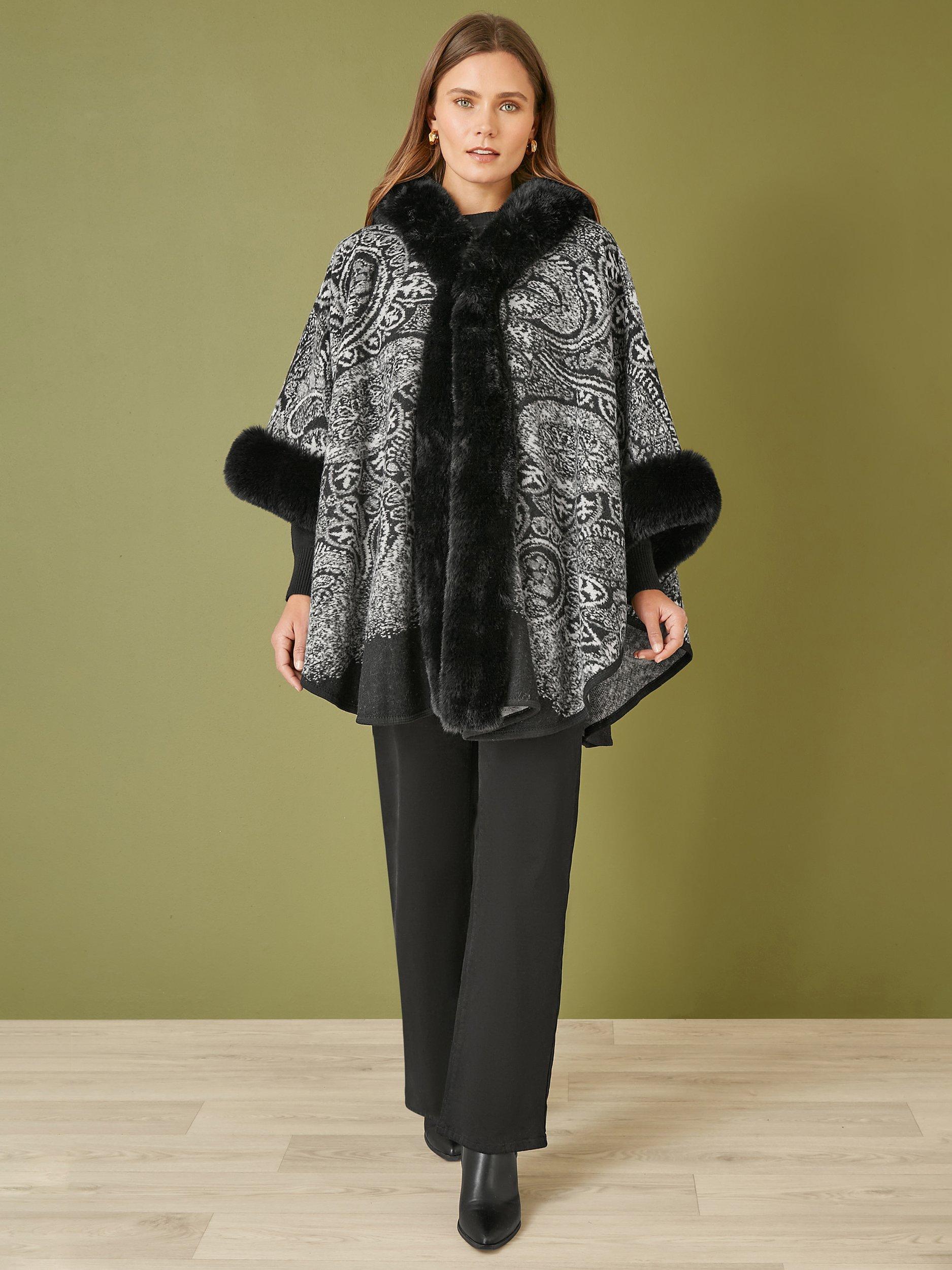Product image 2 of 4, which shows Yumi Paisly Faux Fur Cape, Black, S-M