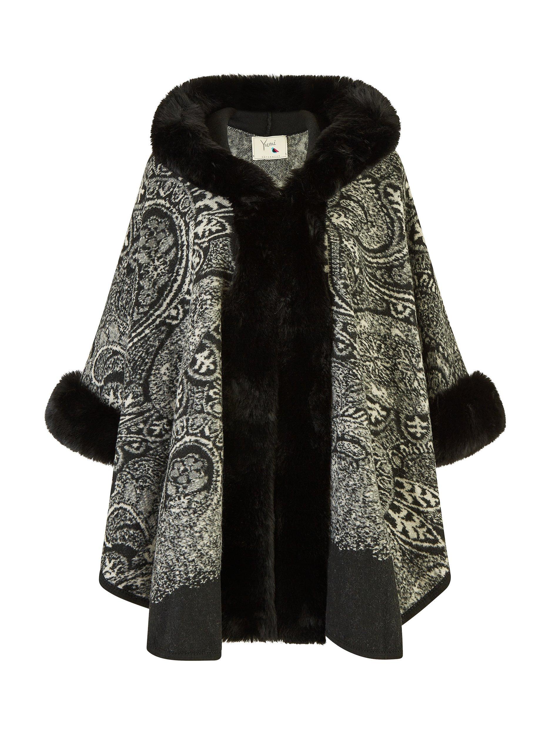 Product image 4 of 4, which shows Yumi Paisly Faux Fur Cape, Black, S-M