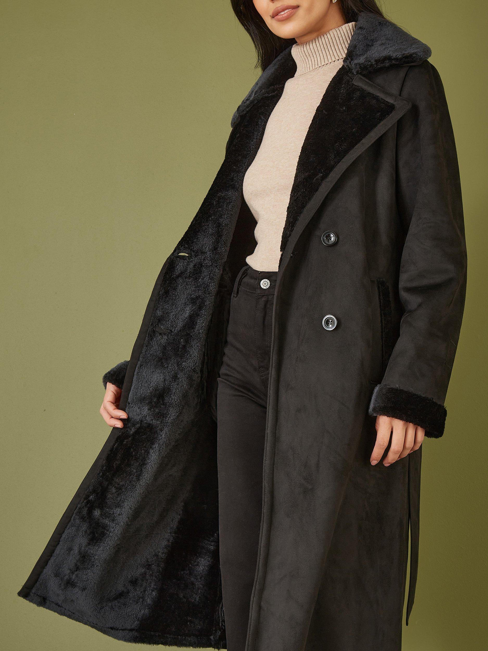 Yumi Trench Faux Fur Coat Black