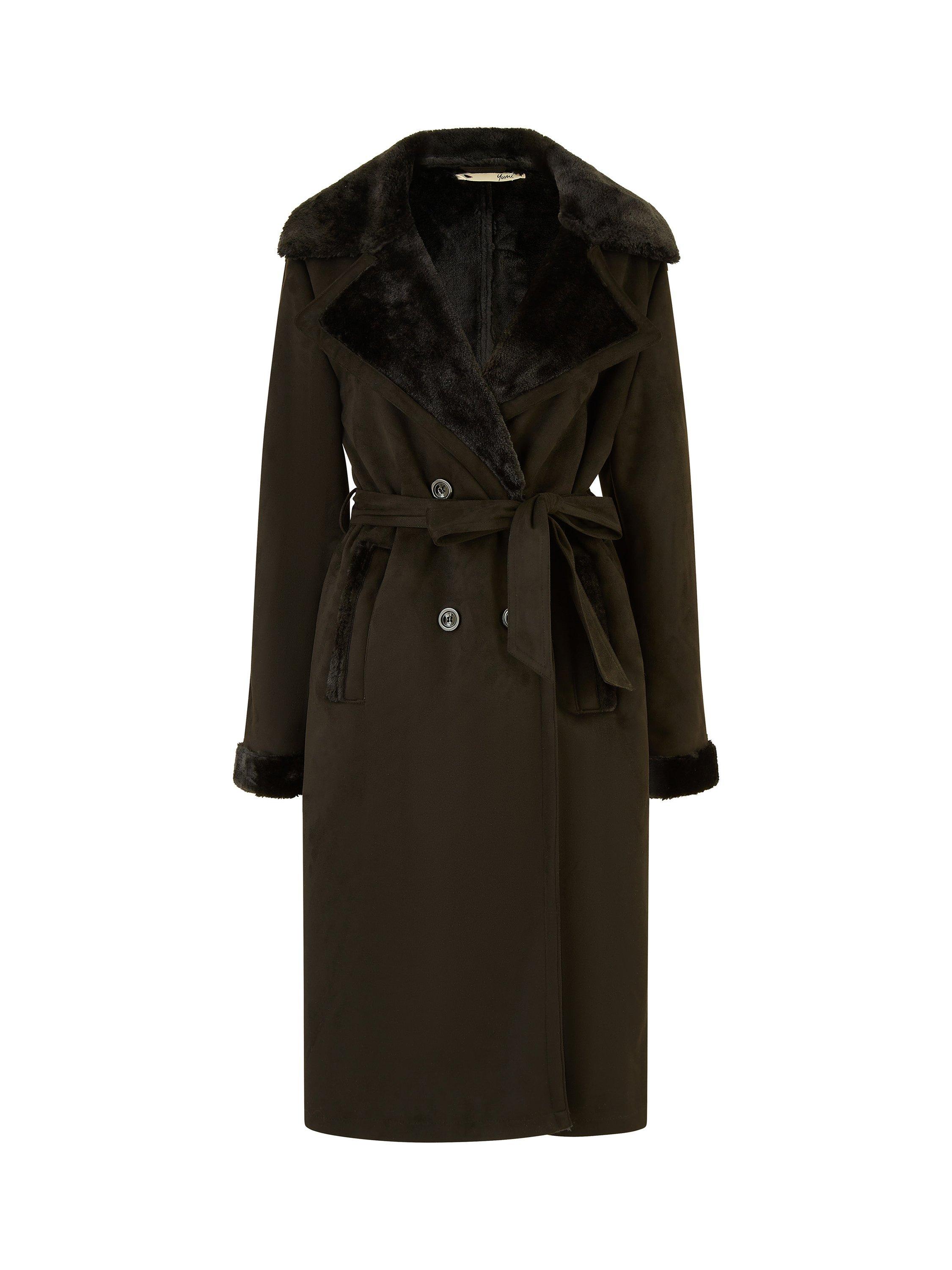 Product image 6 of 6, which shows Yumi Trench Faux Fur Coat, Black, 8