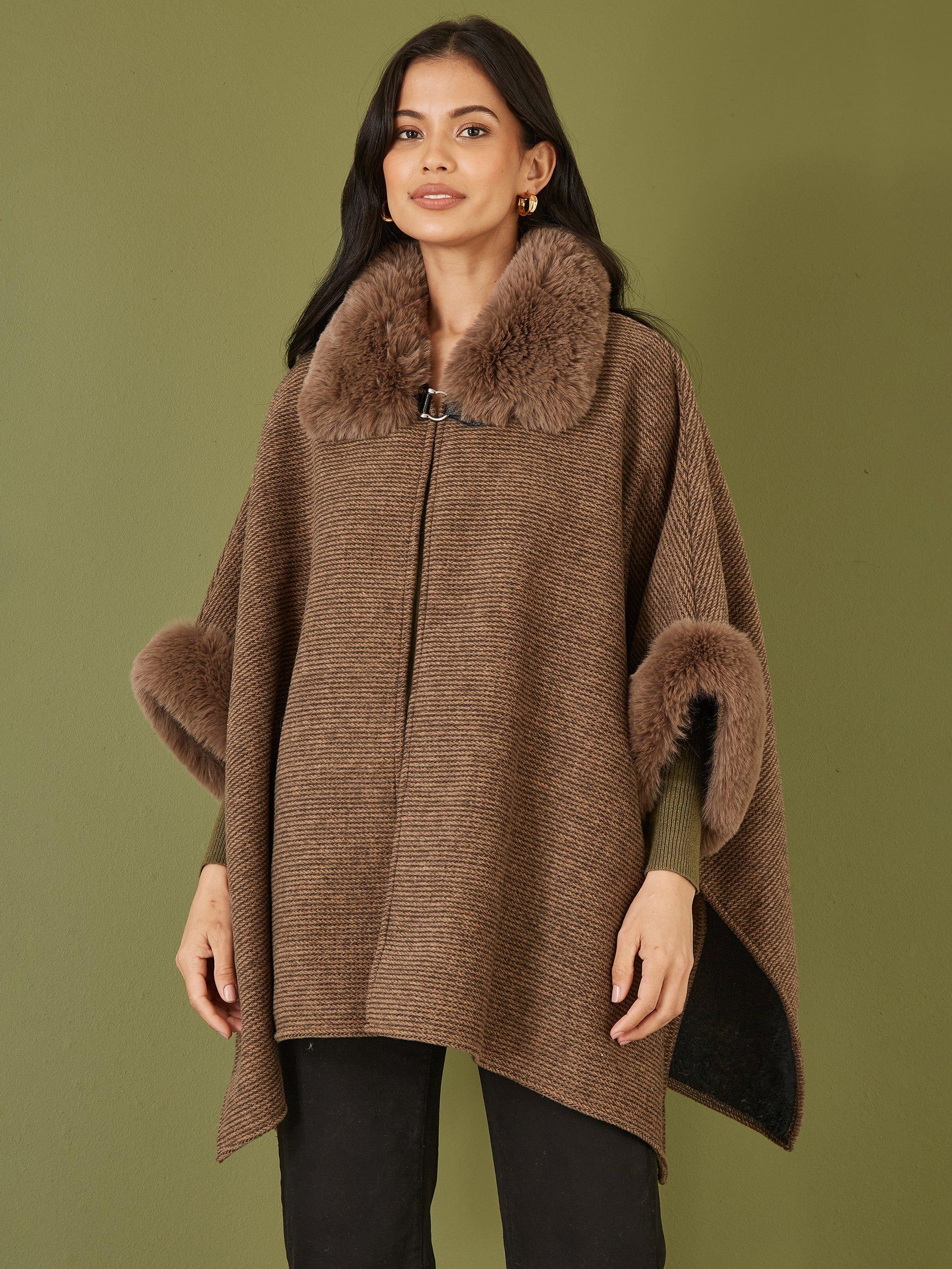 Product image 1 of 6, which shows Yumi Faux Fur Trim Cape, Brown, S-M